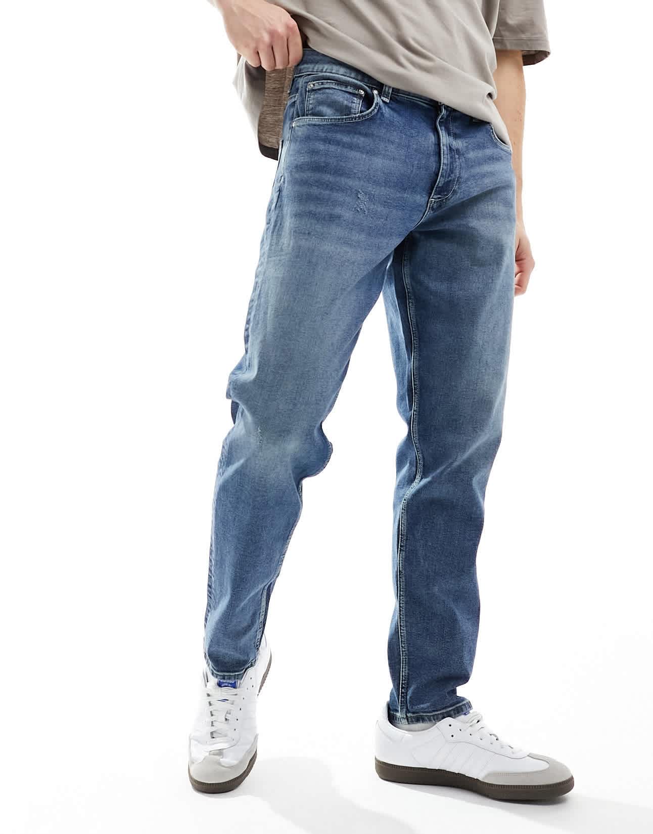 ASOS DESIGN stretch tapered jeans in mid wash blue - ASOS Sample Sale EU Store