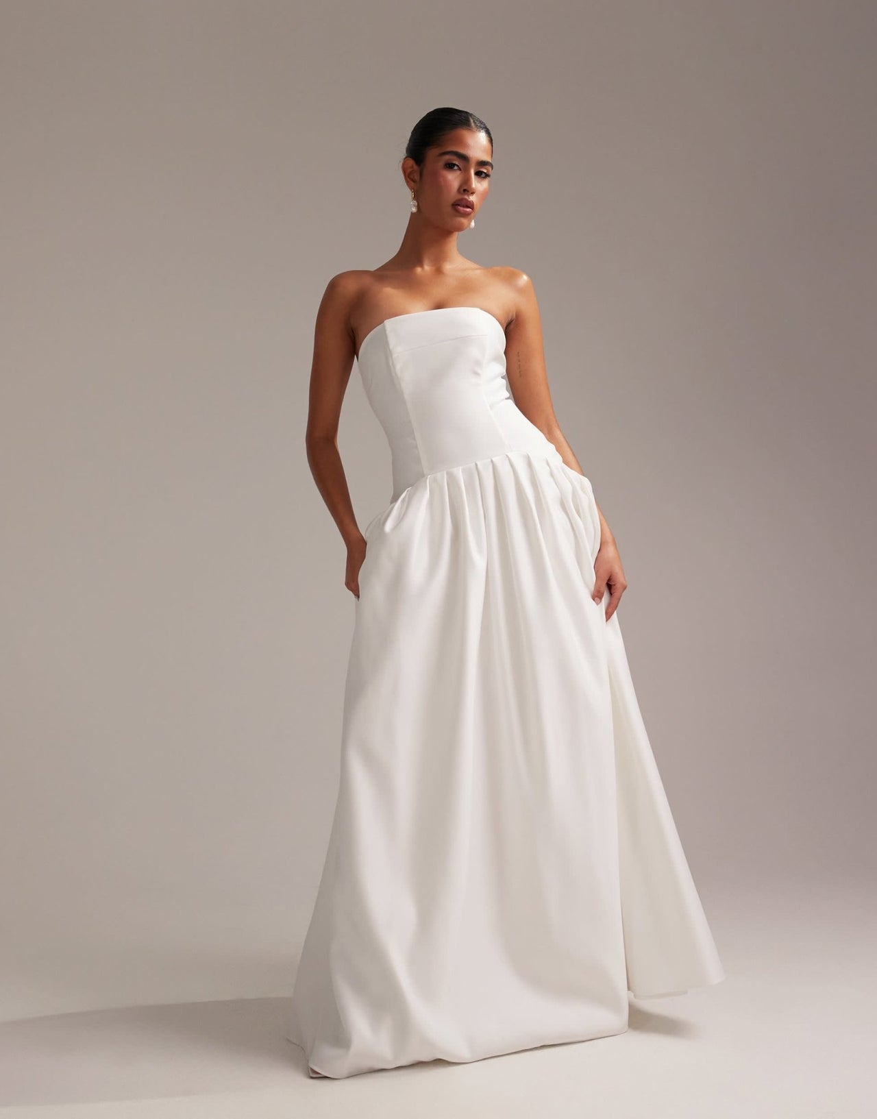 ASOS DESIGN structured dropped waist satin maxi wedding dress in white - ASOS Sample Sale EU Store