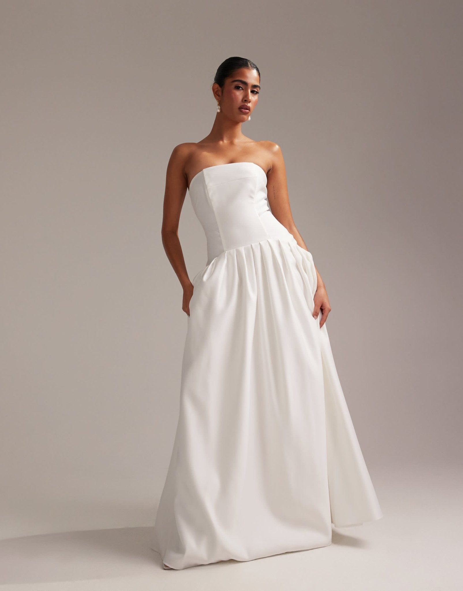 ASOS DESIGN structured dropped waist satin maxi wedding dress in white - ASOS Sample Sale EU Store