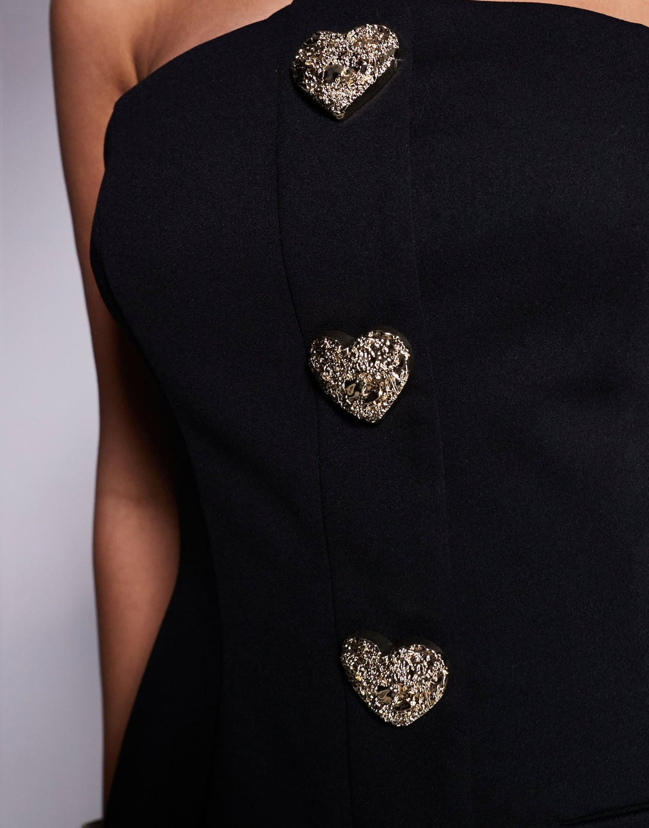 ASOS DESIGN structured mini bandeau dress with gold heart buttons in black - ASOS Sample Sale EU Store