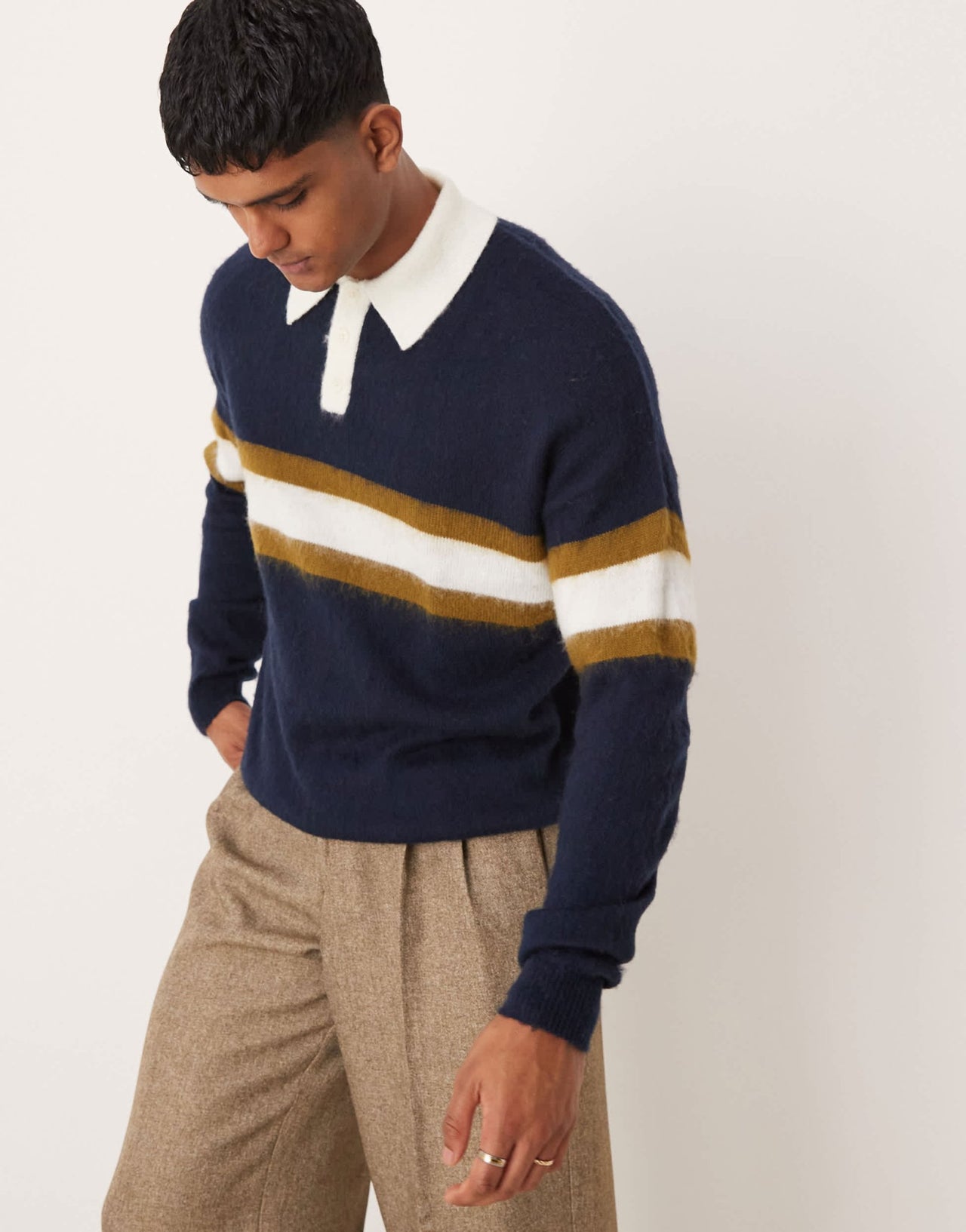 ASOS DESIGN super oversized knitted rugby polo jumper in navy with stripe - ASOS Sample Sale EU Store