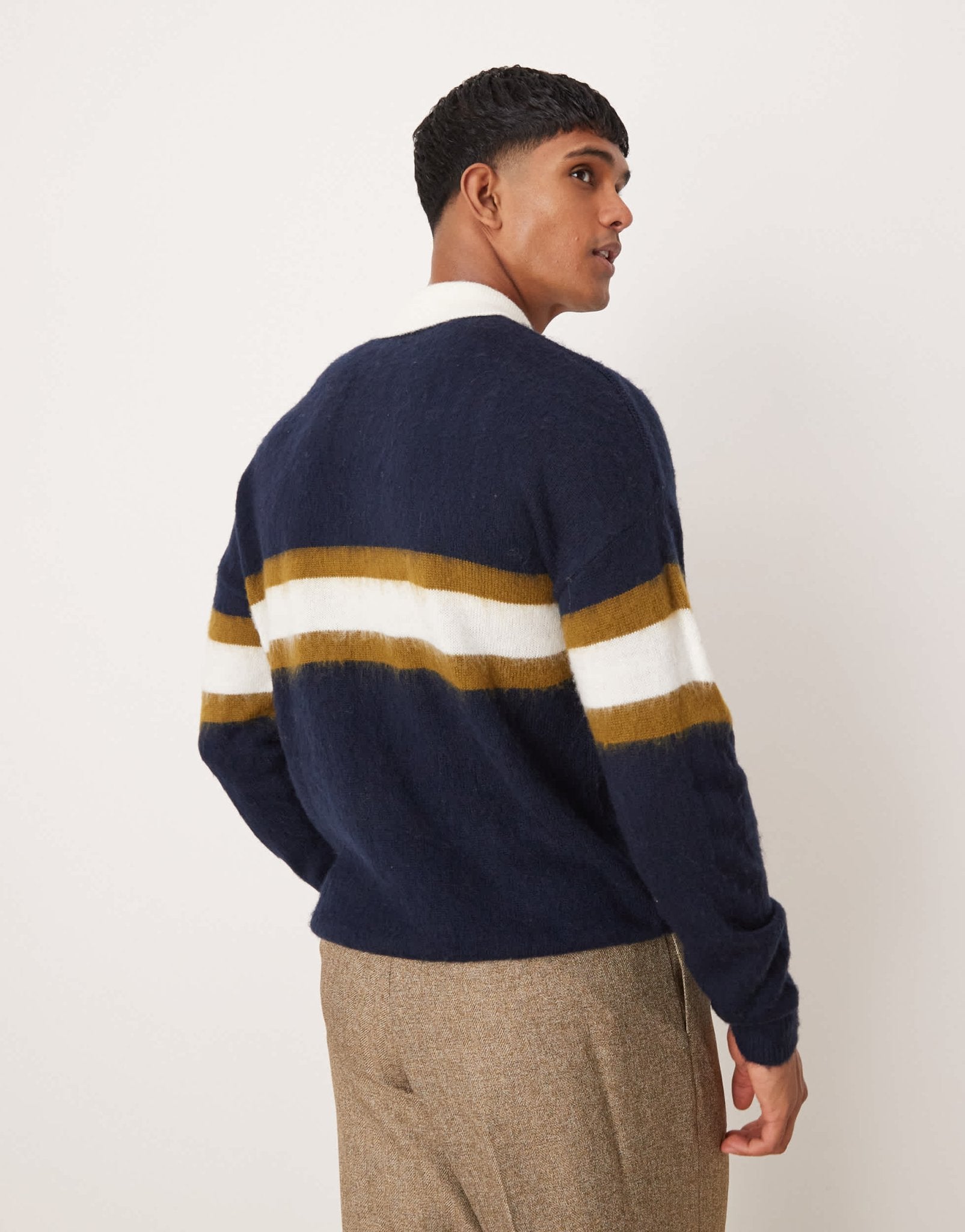 ASOS DESIGN super oversized knitted rugby polo jumper in navy with stripe - ASOS Sample Sale EU Store