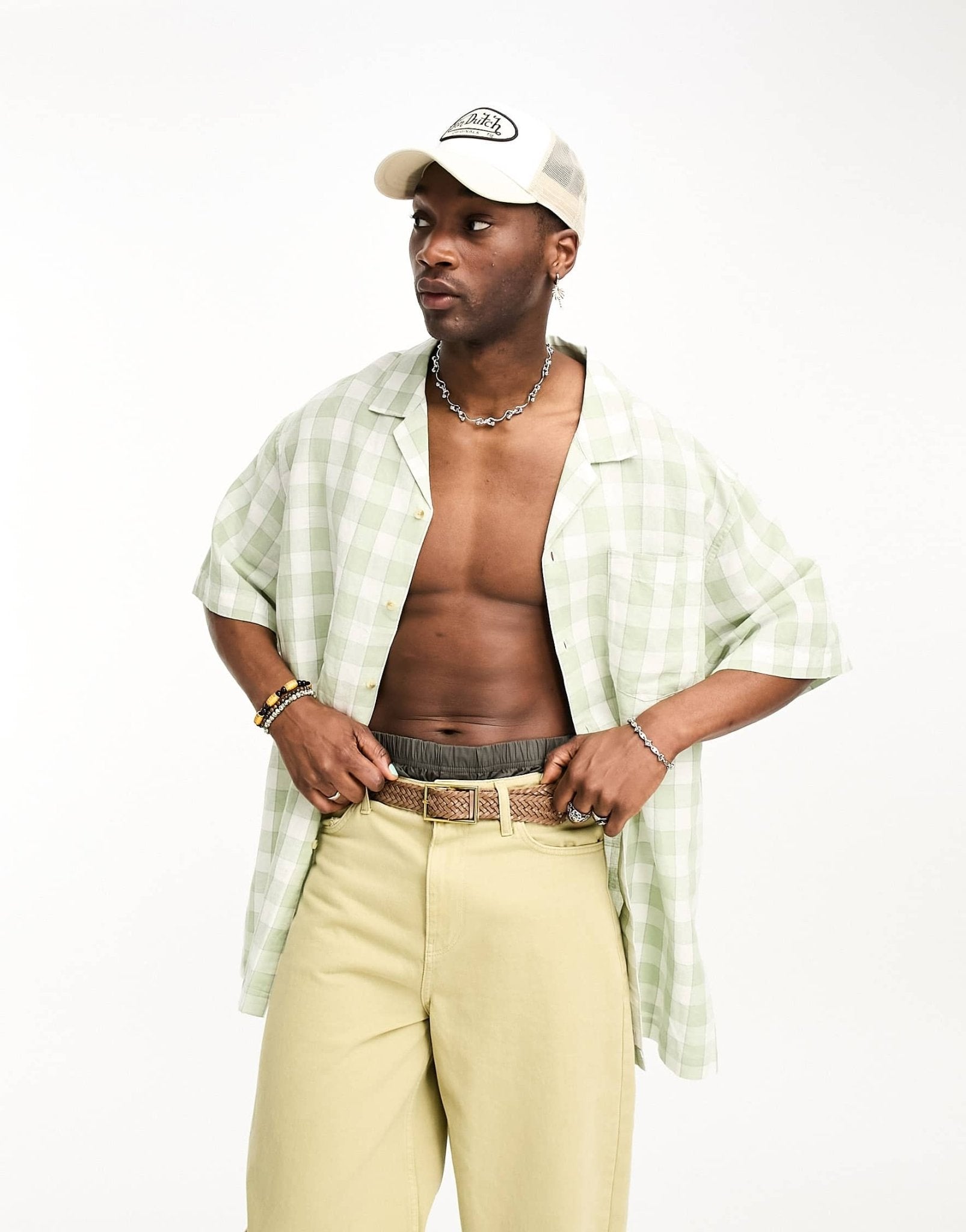ASOS DESIGN super oversized revere linen mix check shirt in sage green - ASOS Sample Sale EU Store