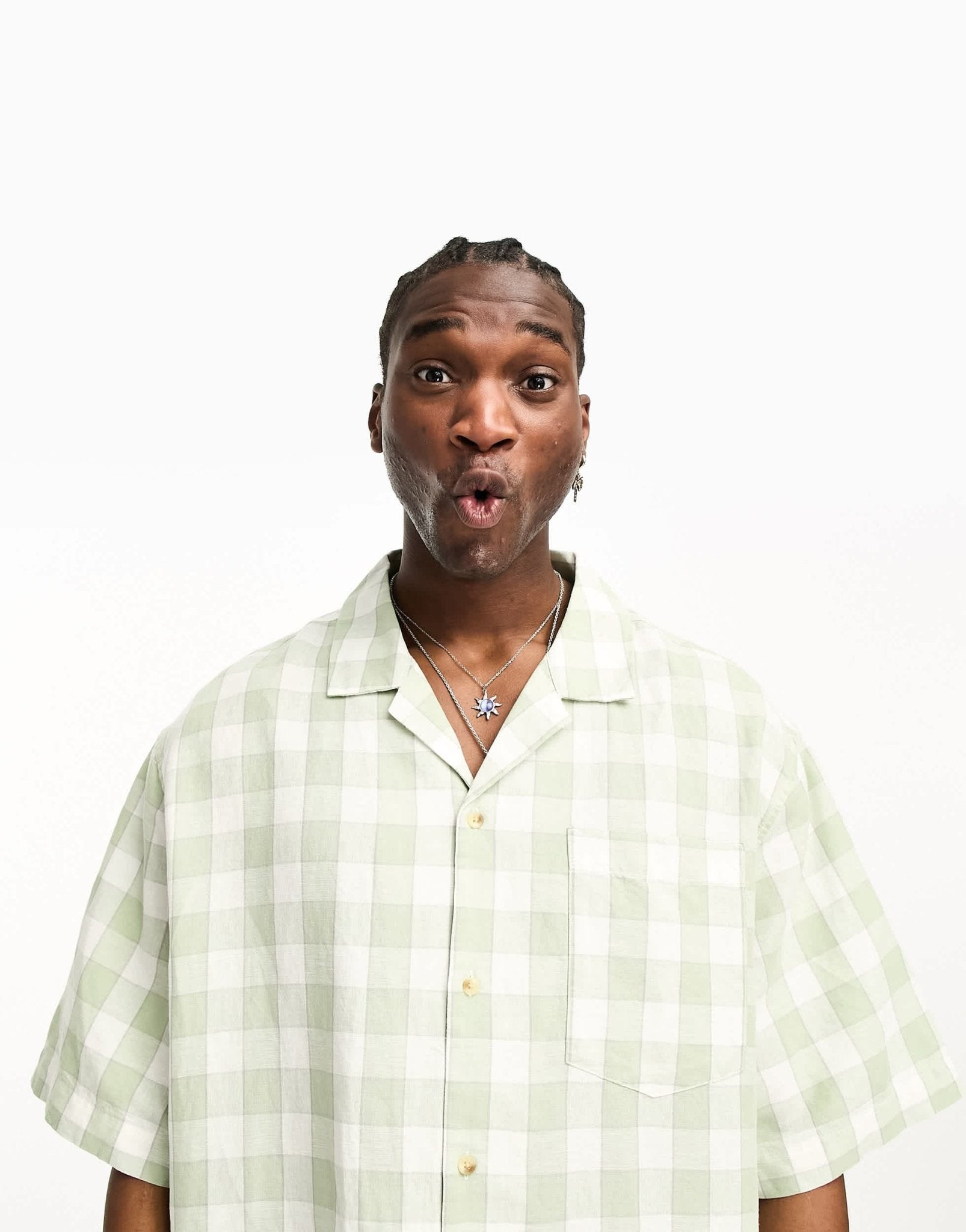 ASOS DESIGN super oversized revere linen mix check shirt in sage green - ASOS Sample Sale EU Store