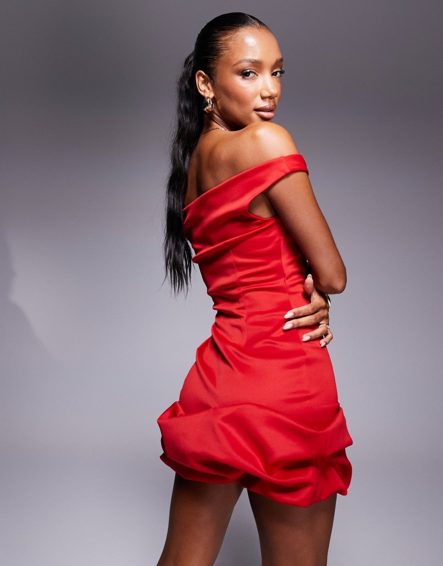 ASOS DESIGN super scoop bardot mini dress with scrunch detail hem in red - ASOS Sample Sale EU Store