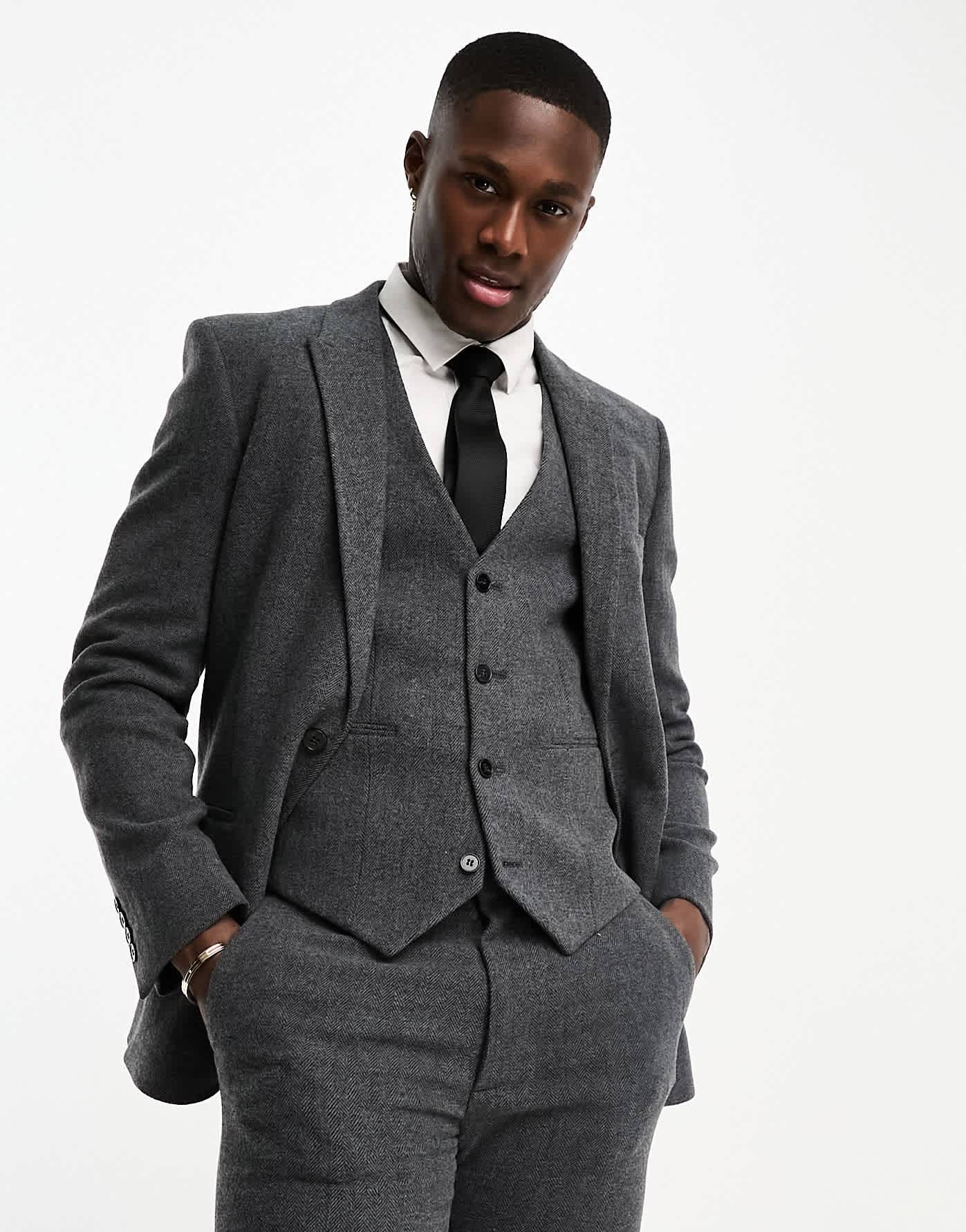 ASOS DESIGN super skinny wool mix suit jacket in herringbone in charcoal - ASOS Sample Sale EU Store