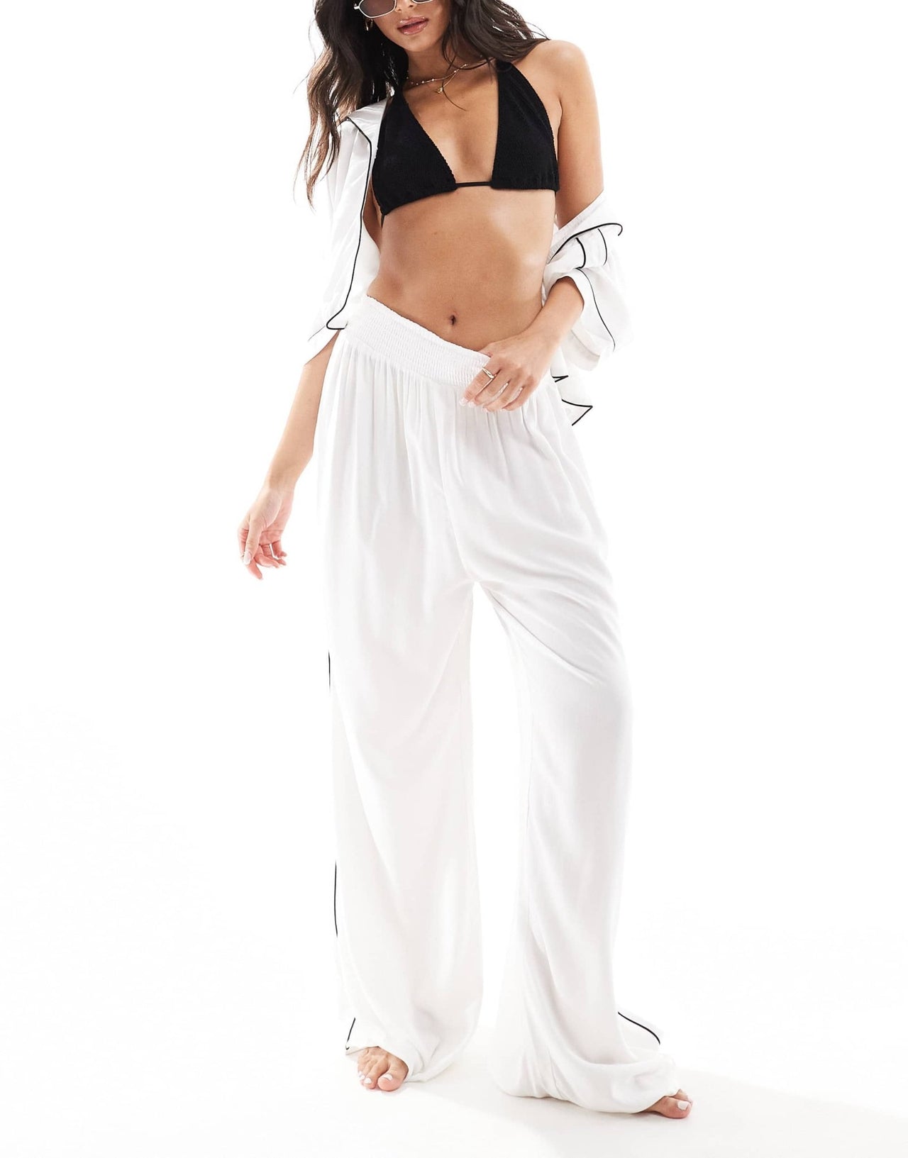 ASOS DESIGN super soft slinky wide leg beach trouser in white with contrast binding - ASOS Sample Sale EU Store