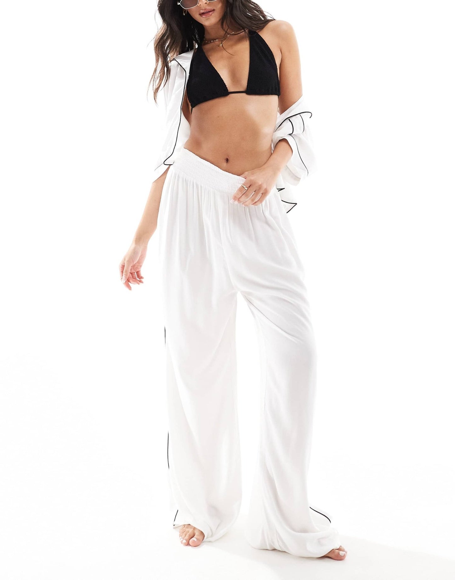 ASOS DESIGN super soft slinky wide leg beach trouser in white with contrast binding - ASOS Sample Sale EU Store