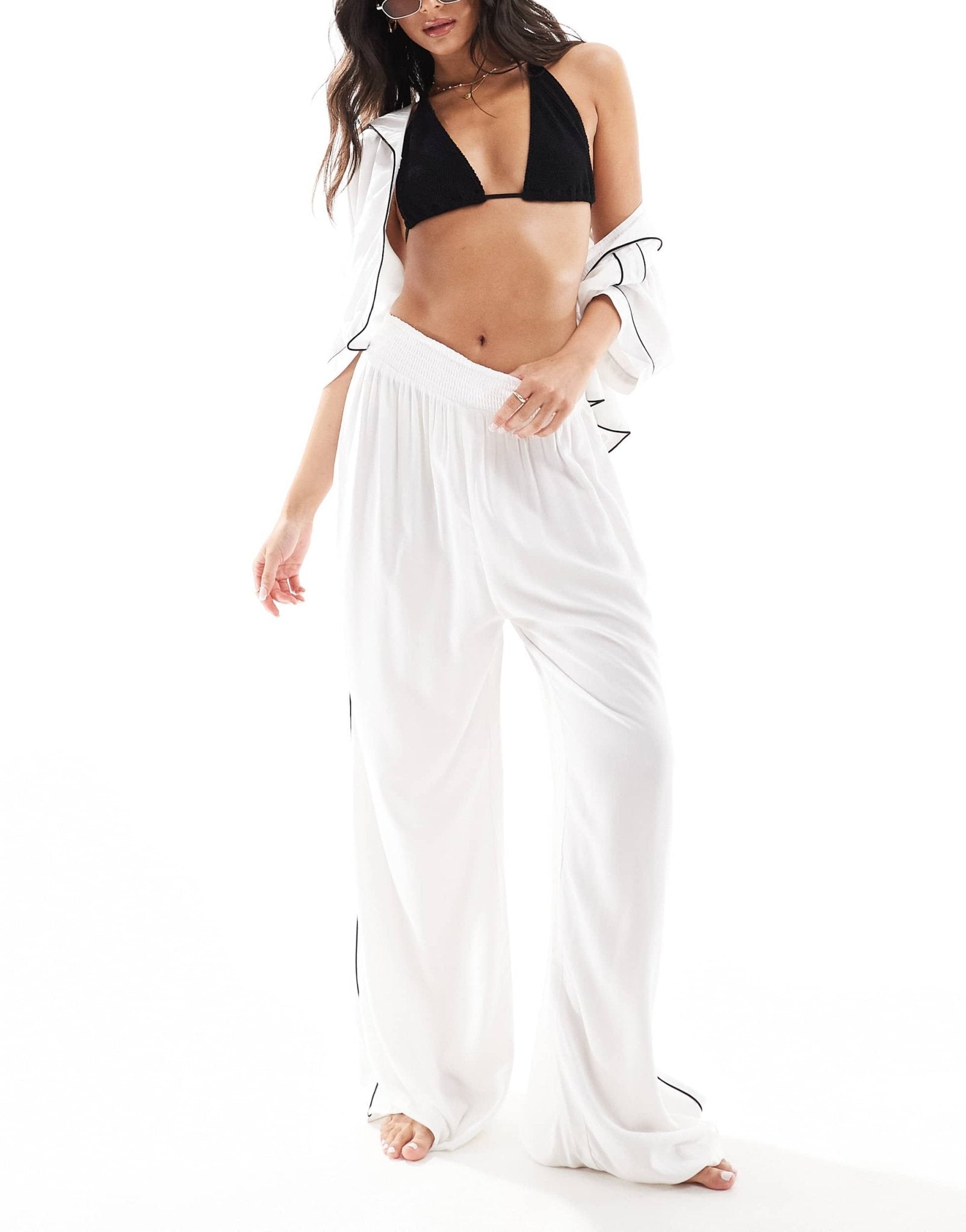 ASOS DESIGN super soft slinky wide leg beach trouser in white with contrast binding - ASOS Sample Sale EU Store
