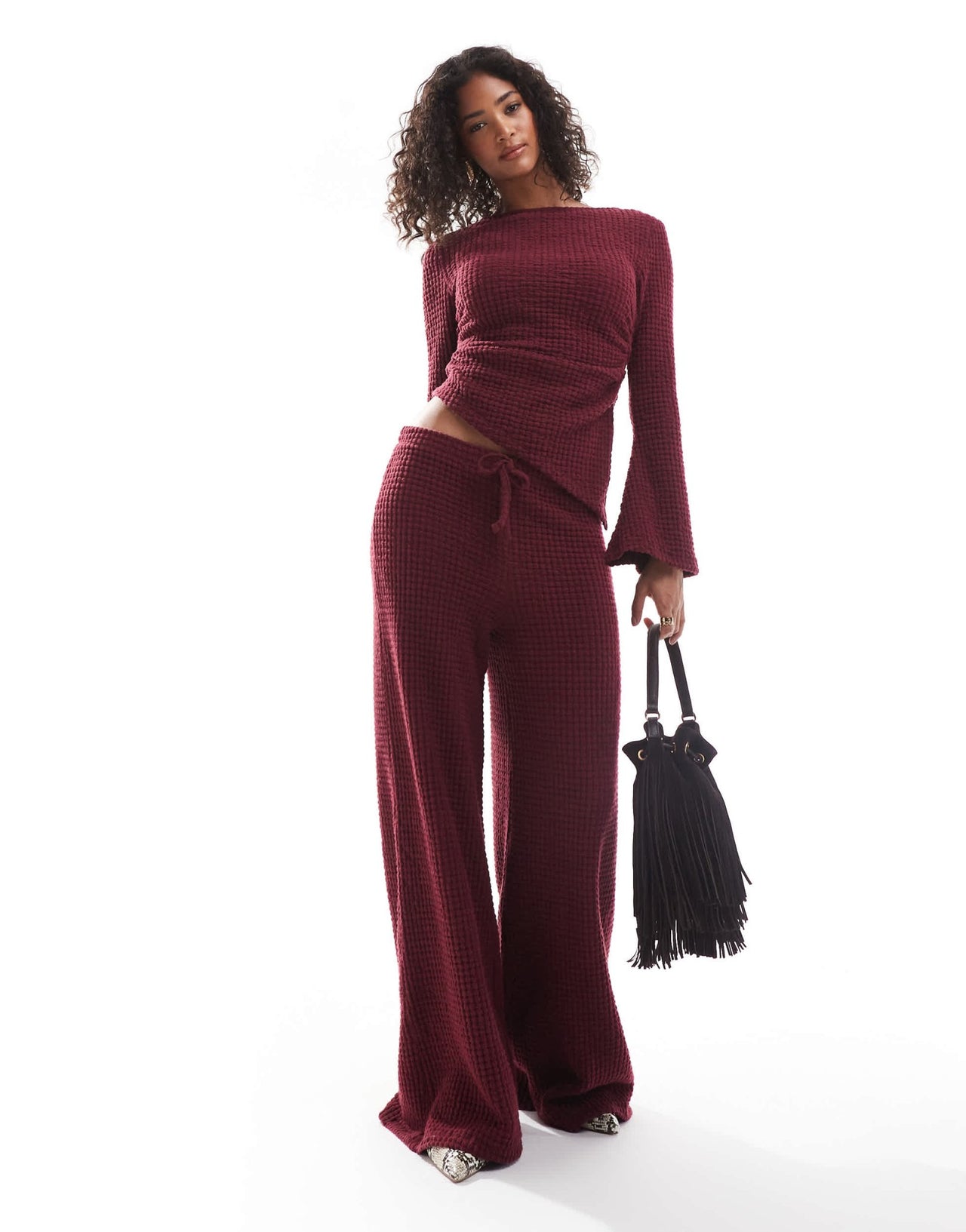 ASOS DESIGN supersoft bubble wide leg trousers co ord in burgundy - ASOS Sample Sale EU Store