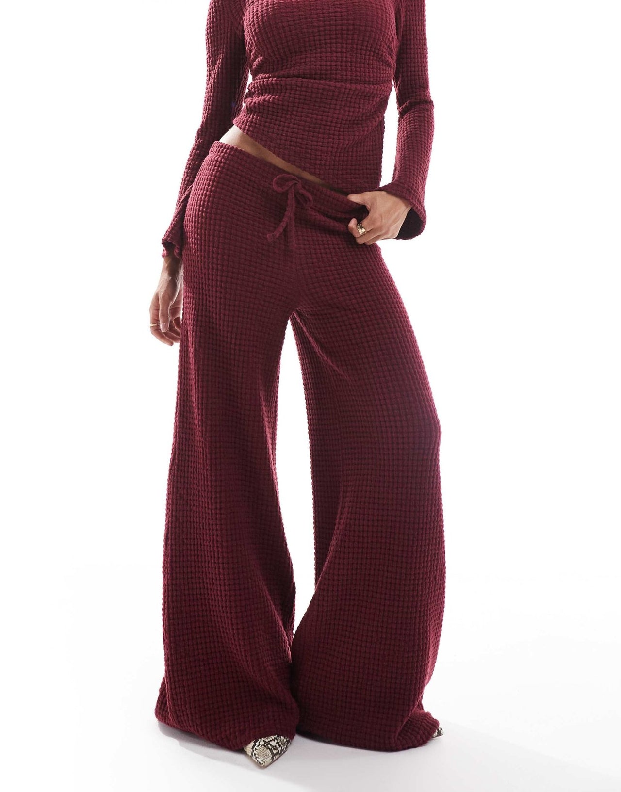 ASOS DESIGN supersoft bubble wide leg trousers co ord in burgundy - ASOS Sample Sale EU Store