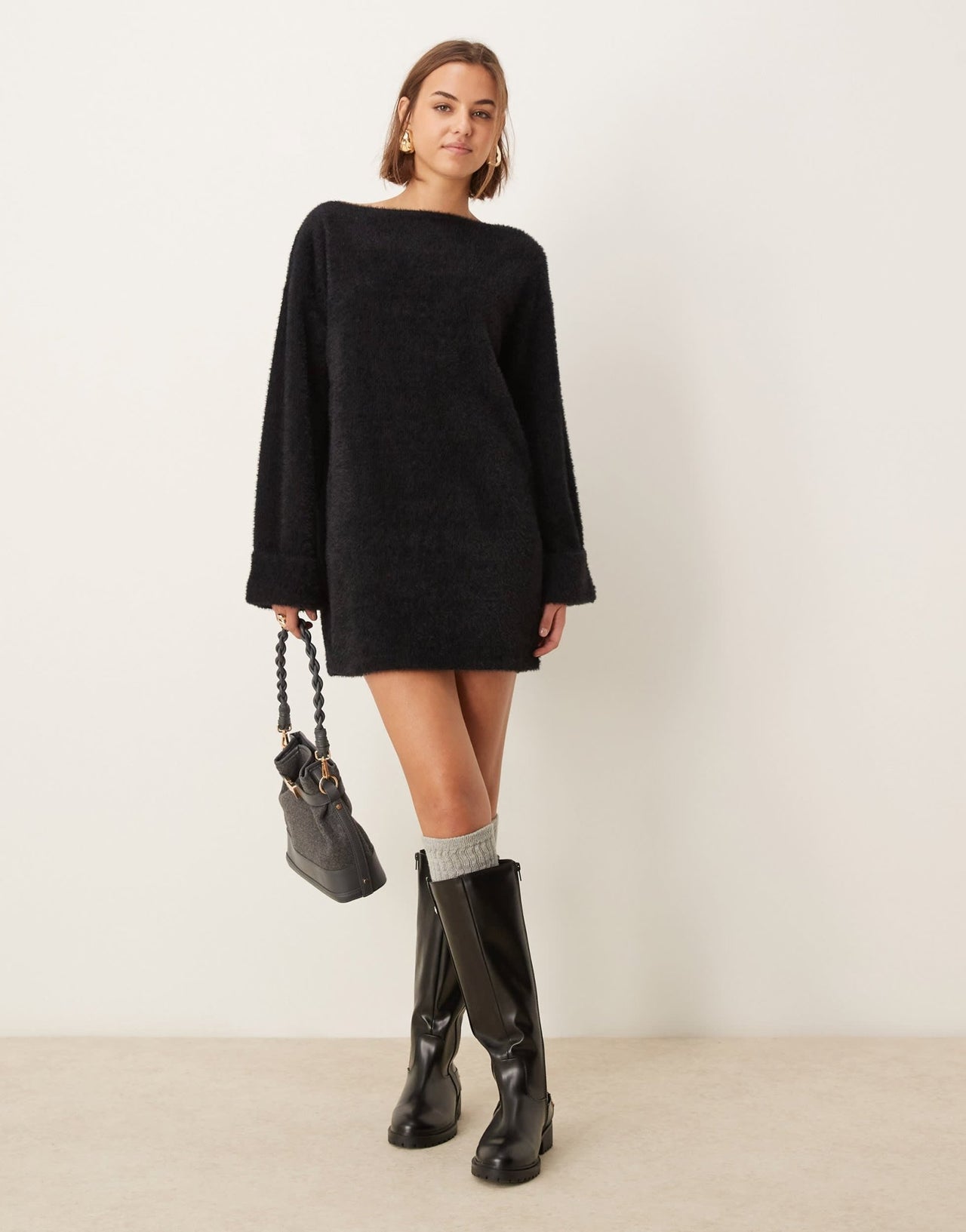 ASOS DESIGN supersoft fluffy slouchy mini jumper dress in black - ASOS Sample Sale EU Store