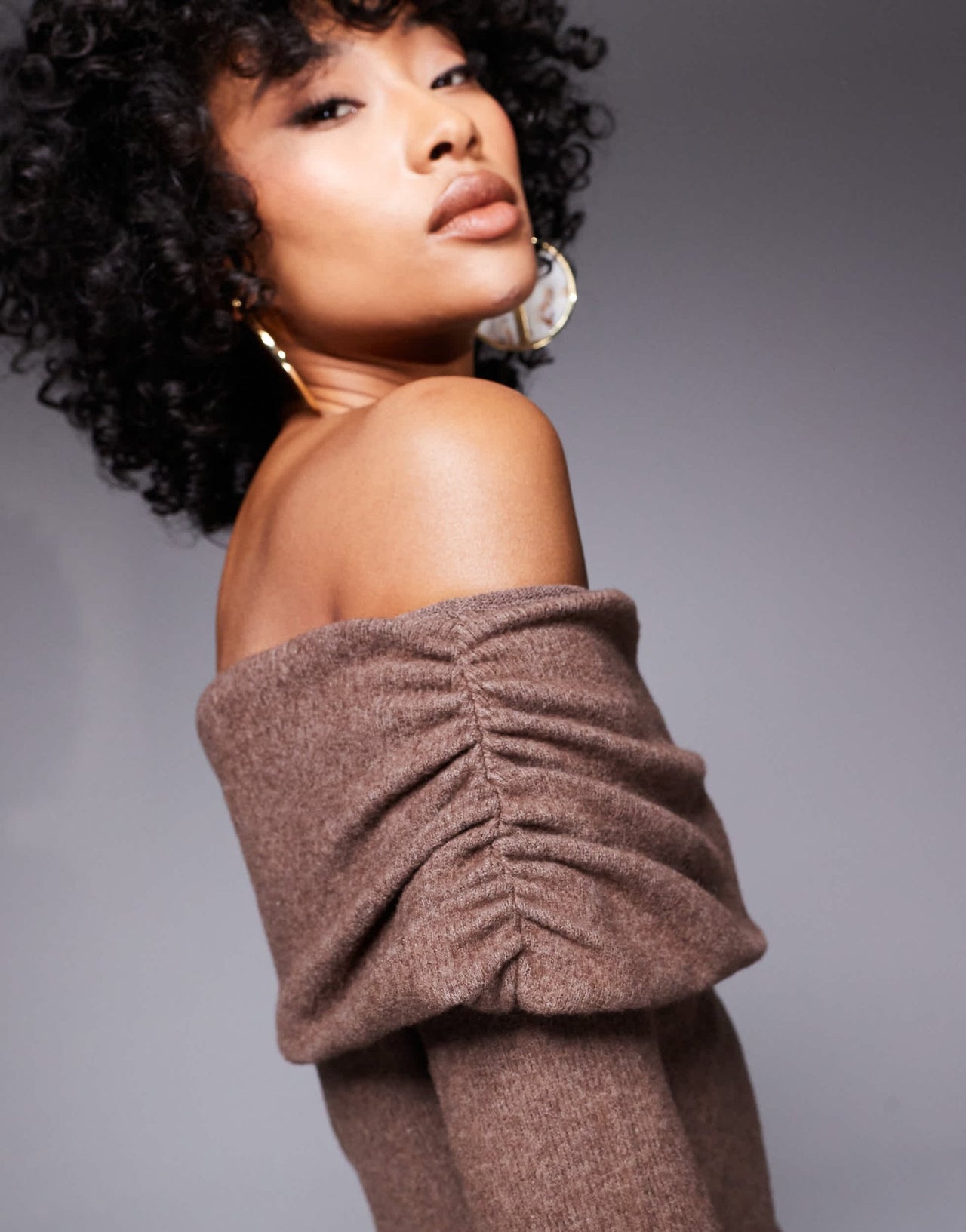 ASOS DESIGN supersoft foldover bardot dress in brown - ASOS Sample Sale EU Store