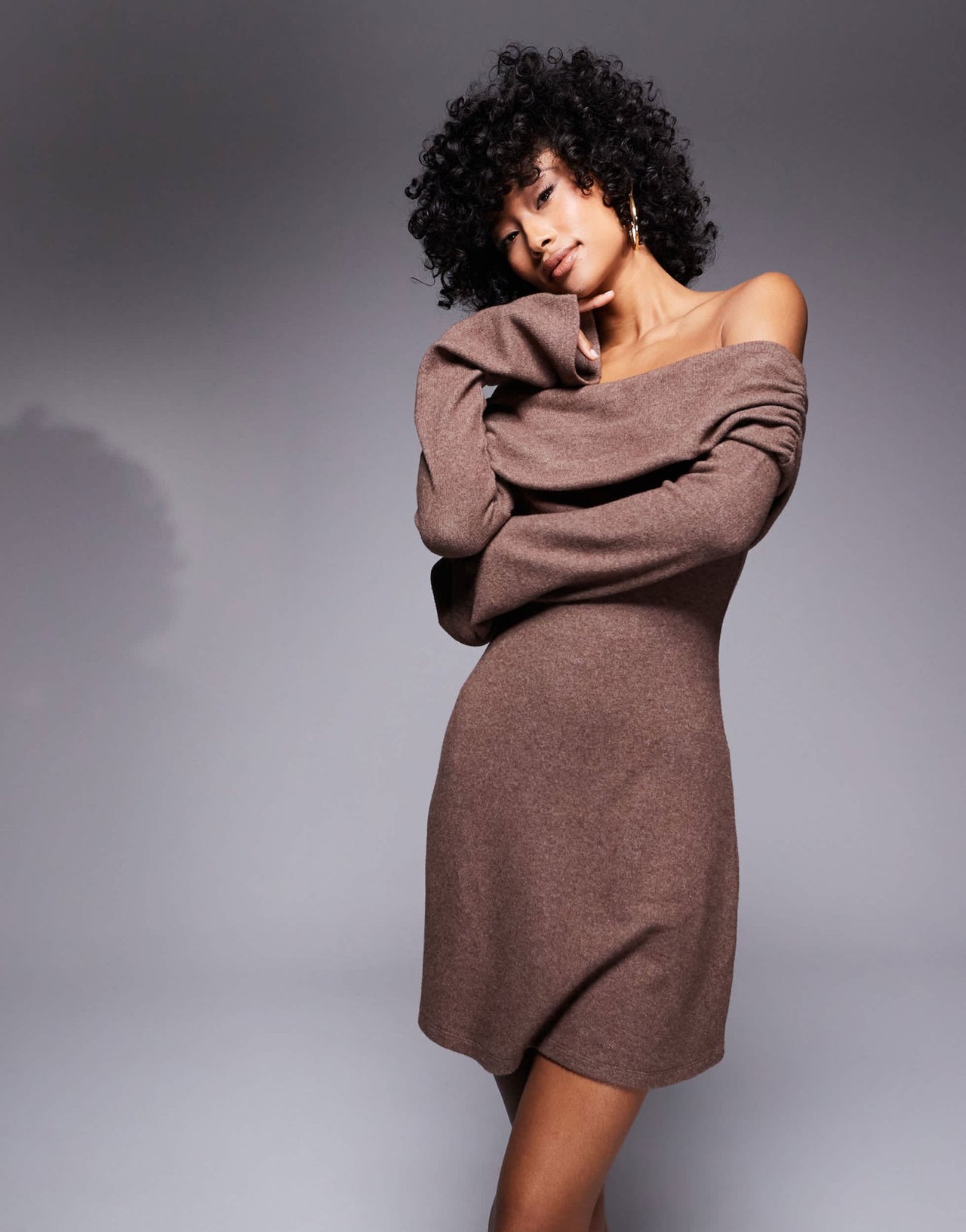 ASOS DESIGN supersoft foldover bardot dress in brown - ASOS Sample Sale EU Store