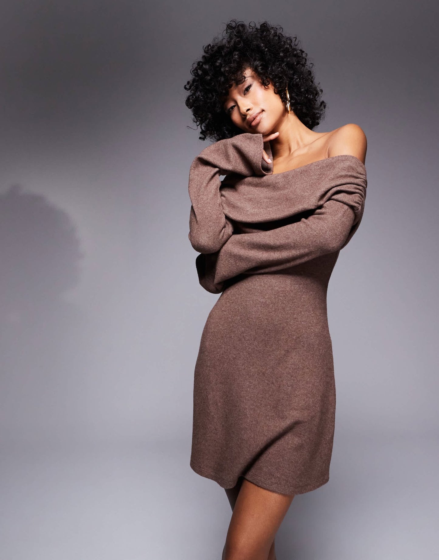 ASOS DESIGN supersoft foldover bardot dress in brown - ASOS Sample Sale EU Store