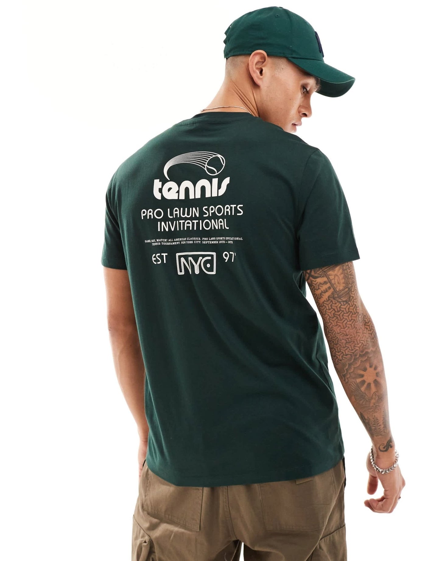 ASOS DESIGN t-shirt in dark green with tennis back print - ASOS Sample Sale EU Store