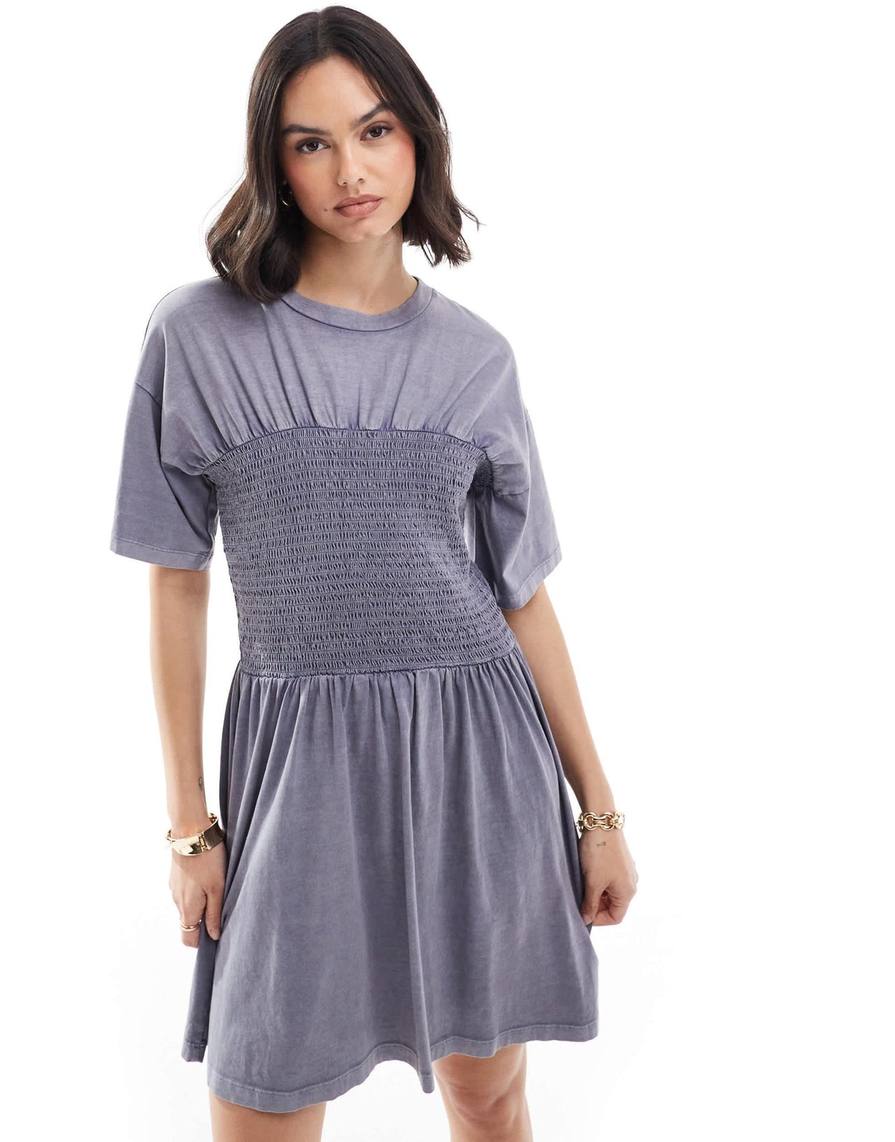 ASOS DESIGN t-shirt mini dress with shirred bust in blue wash - ASOS Sample Sale EU Store
