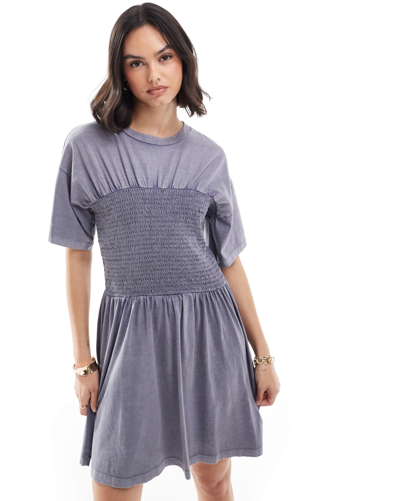 ASOS DESIGN t-shirt mini dress with shirred bust in blue wash - ASOS Sample Sale EU Store