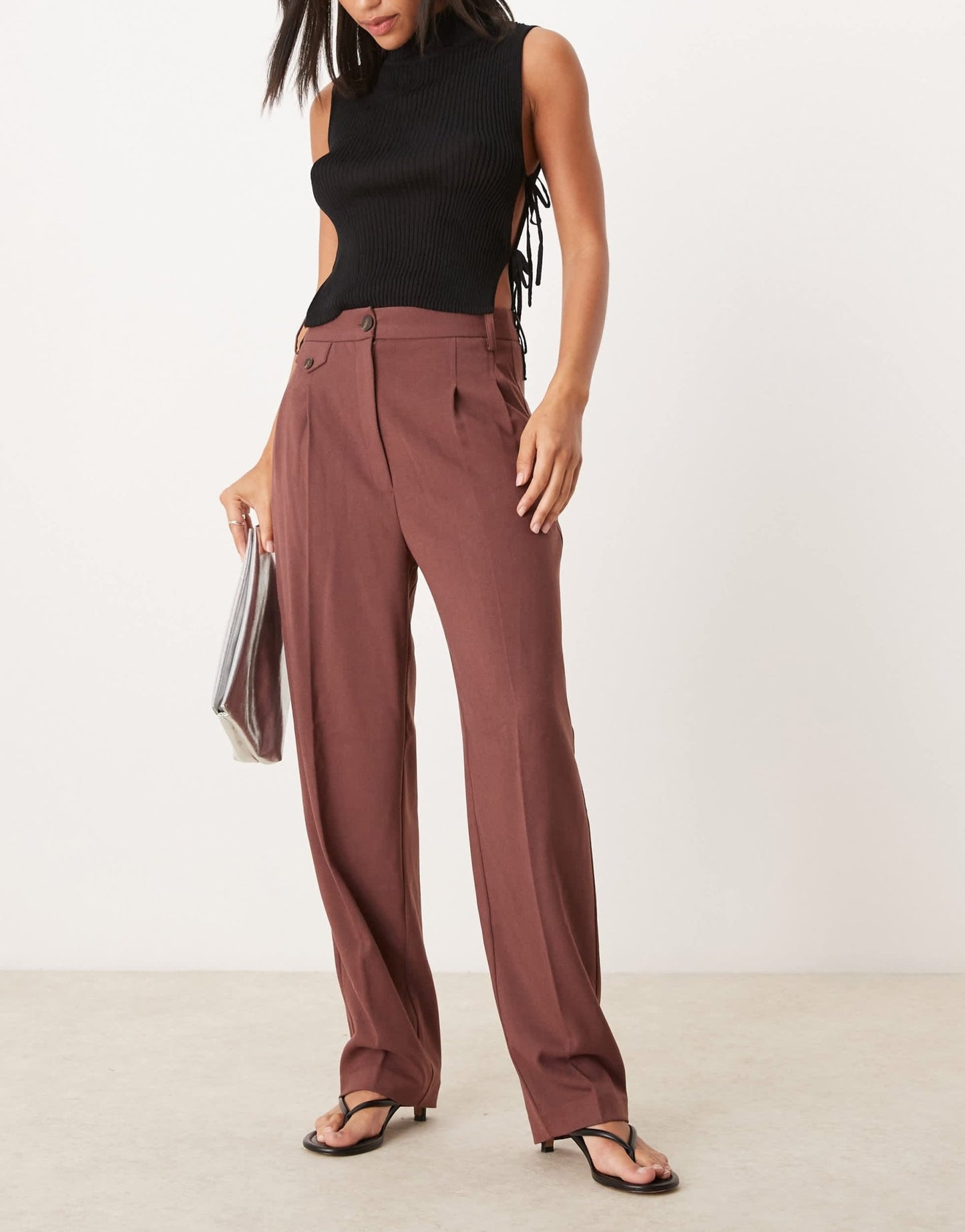 ASOS DESIGN tab detail straight leg tailored trouser in burgundy - ASOS Sample Sale EU Store