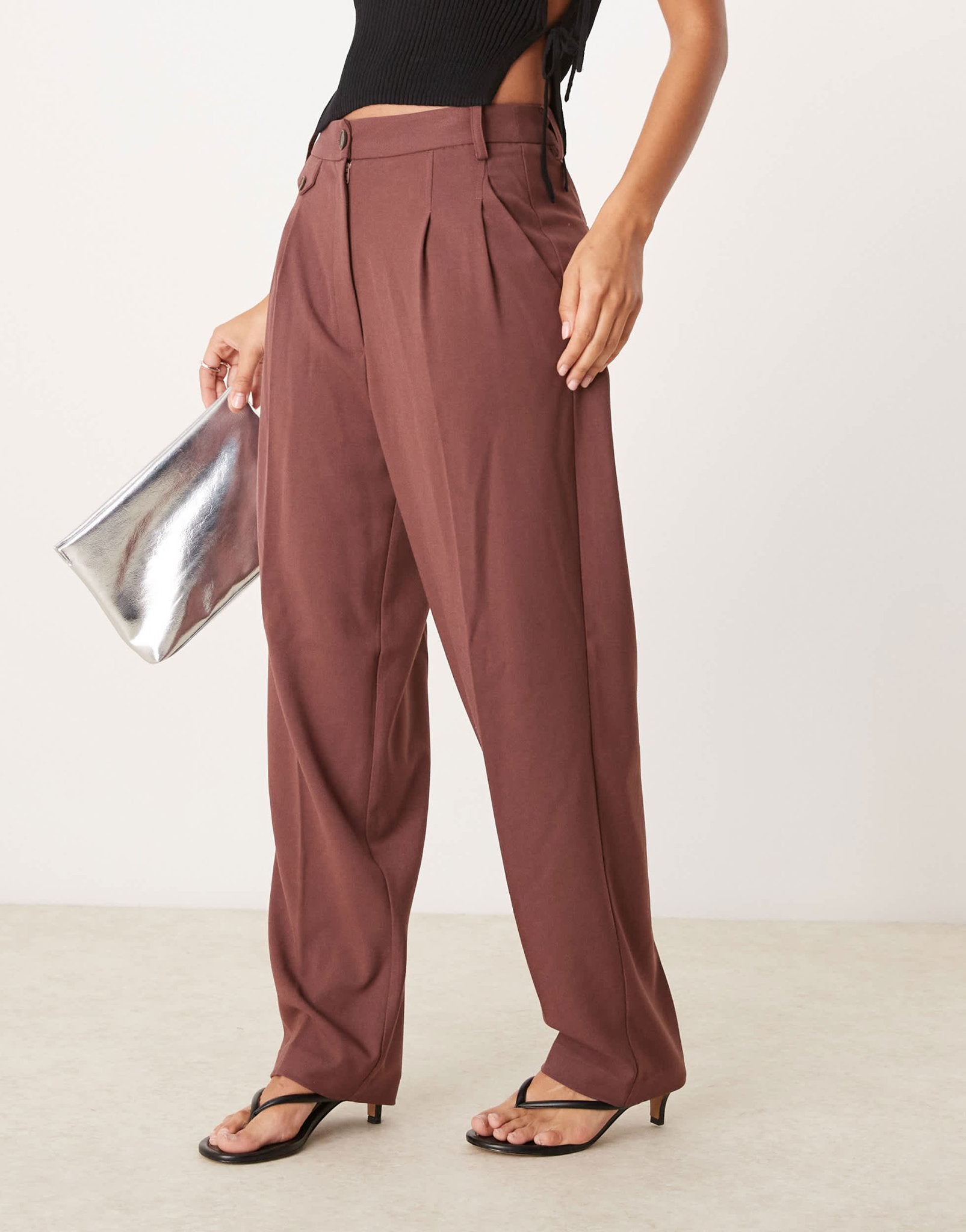ASOS DESIGN tab detail straight leg tailored trouser in burgundy - ASOS Sample Sale EU Store