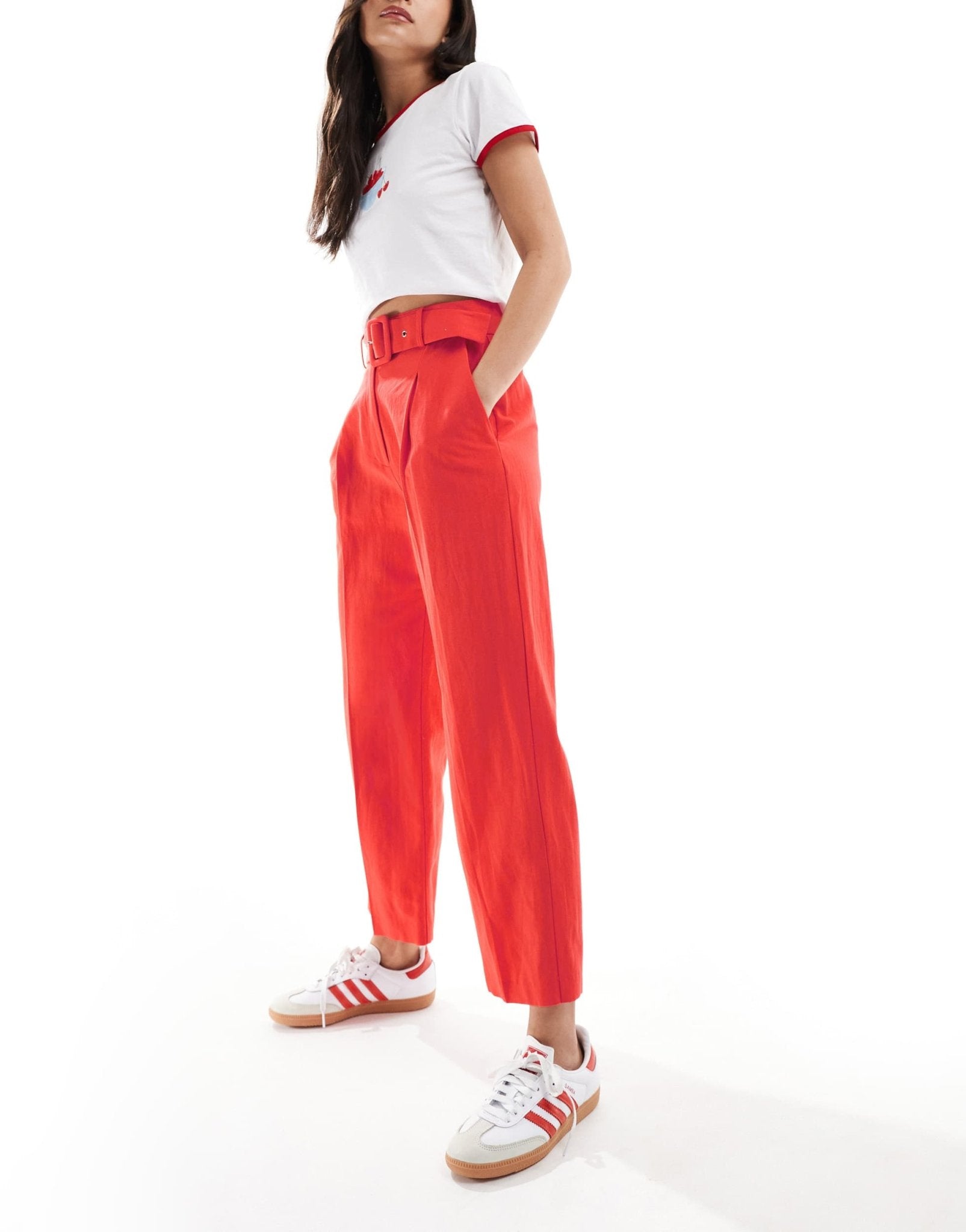 ASOS DESIGN tailored belted trouser with linen in red - ASOS Sample Sale EU Store