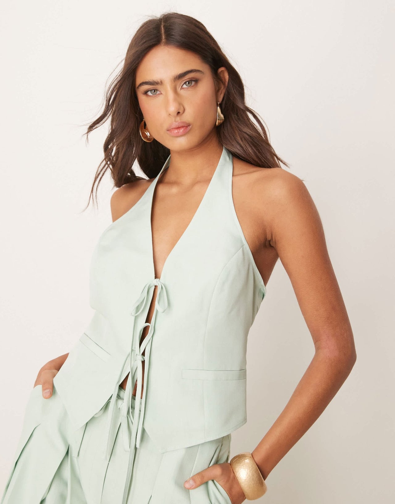 ASOS DESIGN tailored halter tie front top co - ord in pistachio - ASOS Sample Sale EU Store