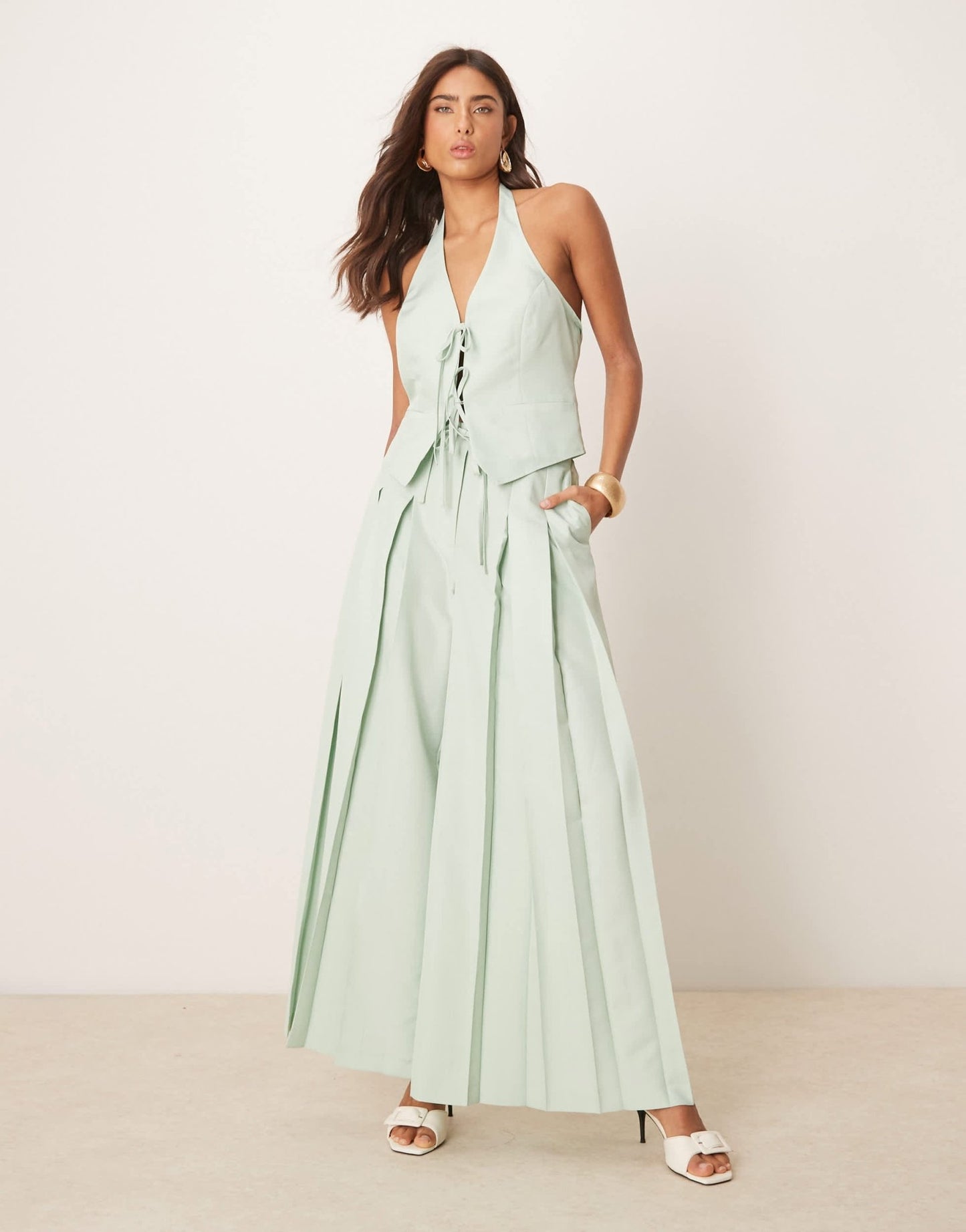 ASOS DESIGN tailored halter tie front top co - ord in pistachio - ASOS Sample Sale EU Store