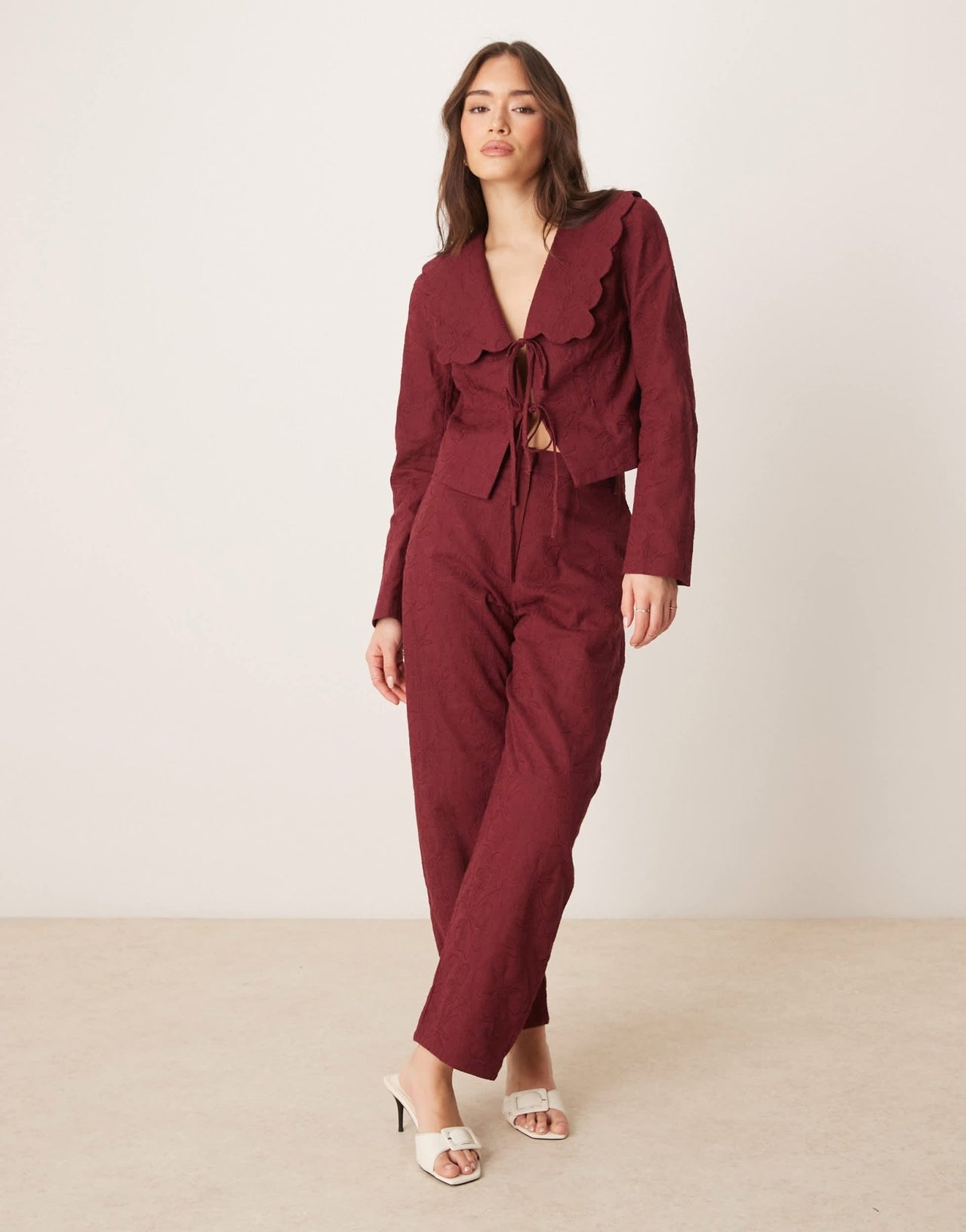 ASOS DESIGN tailored scallop collar tie front jacket co - ord in dark cherry - ASOS Sample Sale EU Store