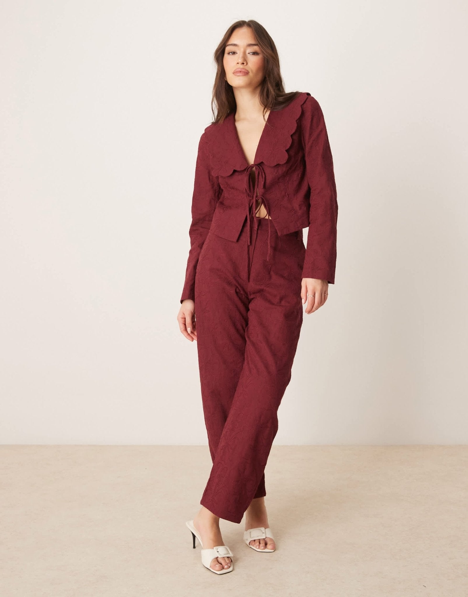 ASOS DESIGN tailored scallop collar tie front jacket co - ord in dark cherry - ASOS Sample Sale EU Store