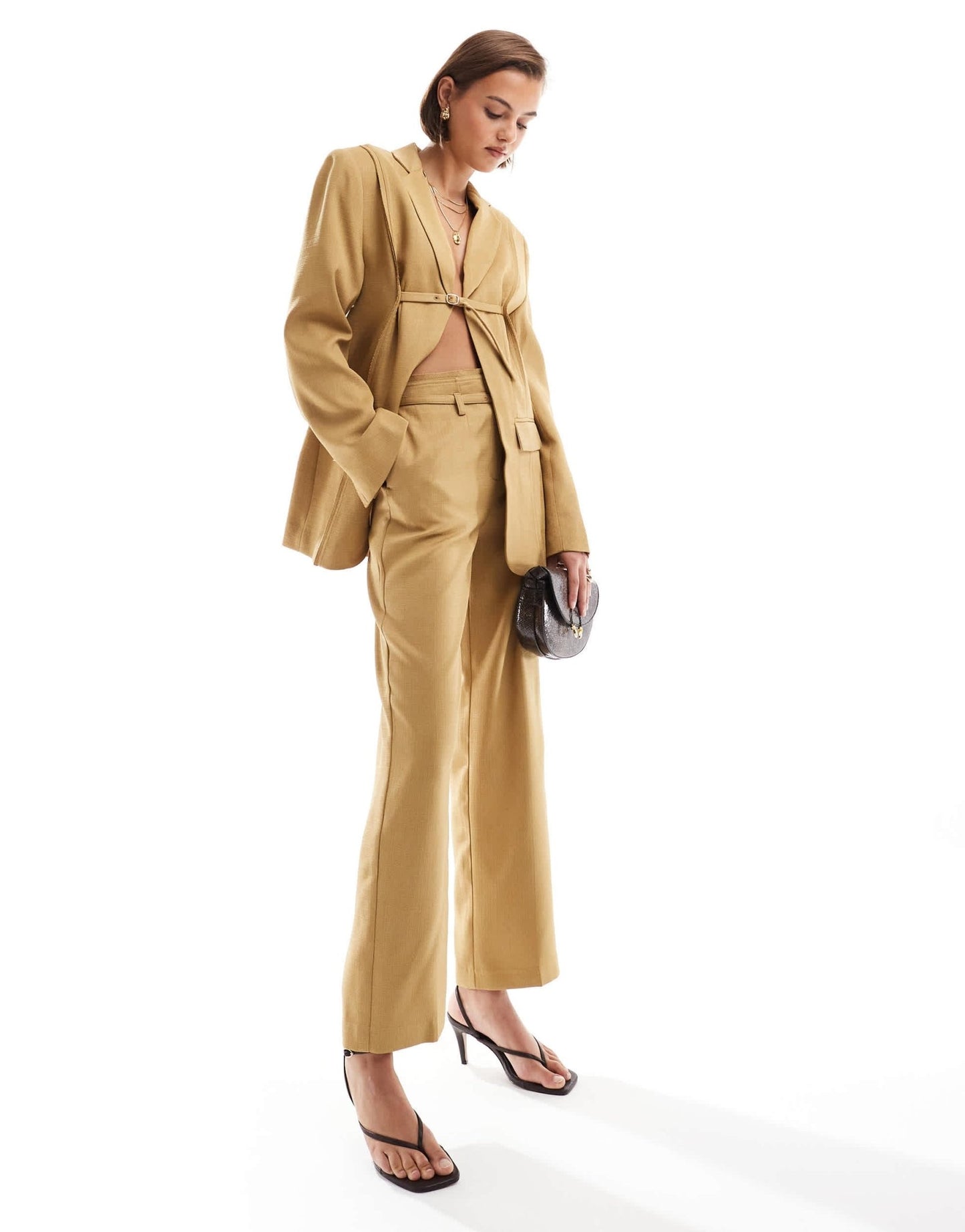 ASOS DESIGN tailored trouser with raw edge details and belt co - ord in tan - YELLOW - ASOS Sample Sale EU Store