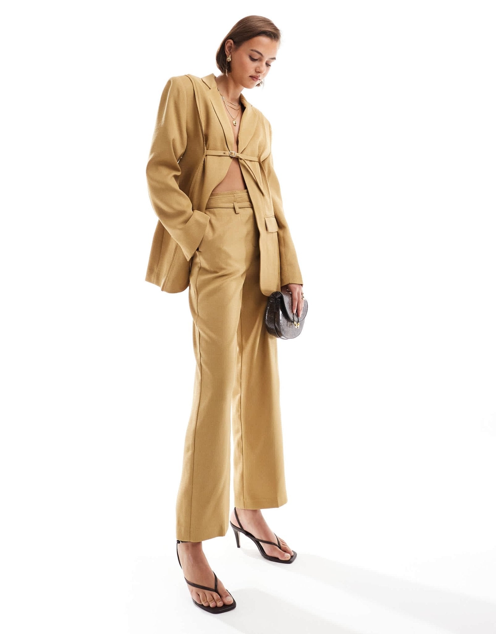 ASOS DESIGN tailored trouser with raw edge details and belt co - ord in tan - YELLOW - ASOS Sample Sale EU Store