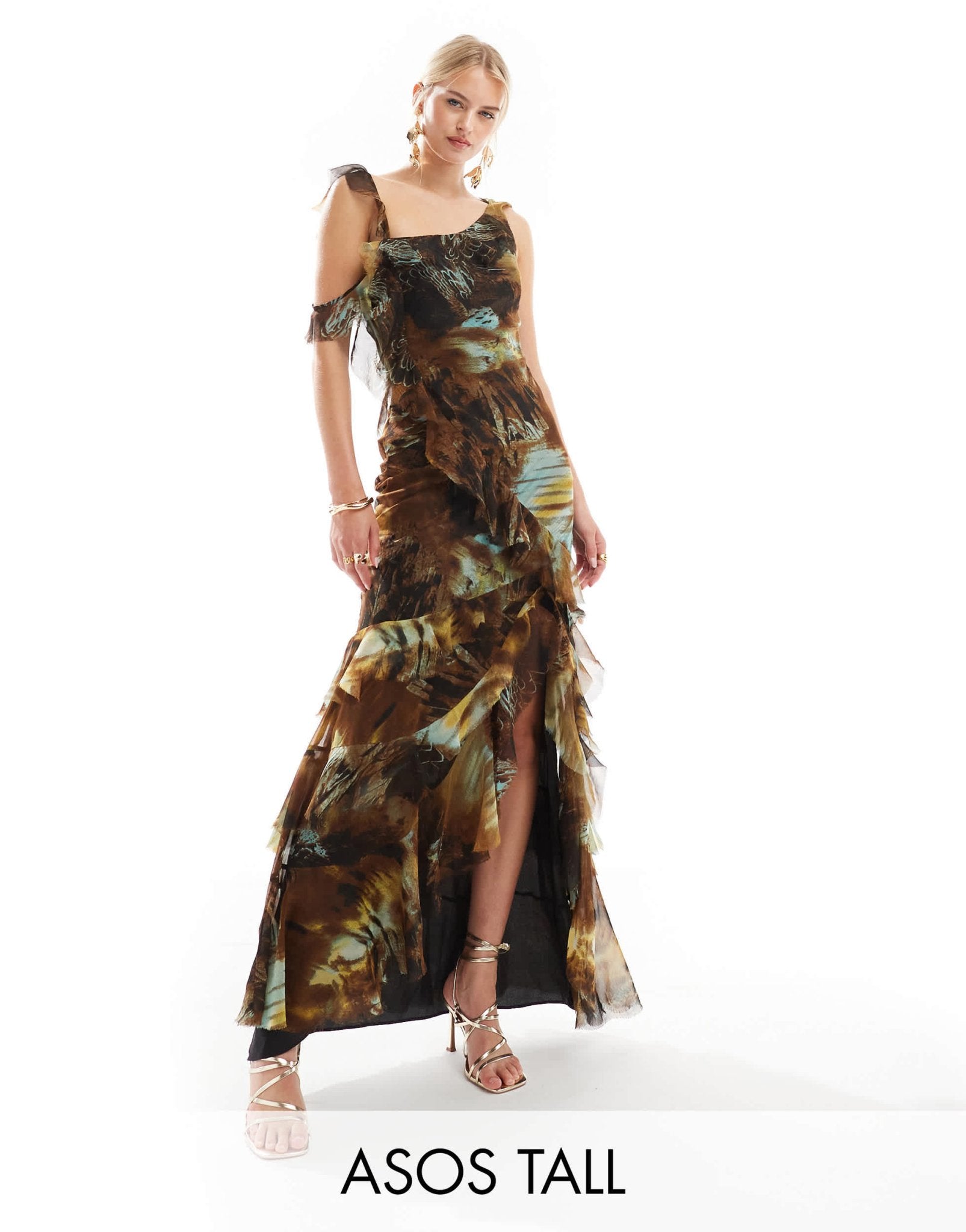 ASOS DESIGN Tall asymmetric shoulder bias cut maxi dress with ruffle details in abstract print - ASOS Sample Sale EU Store
