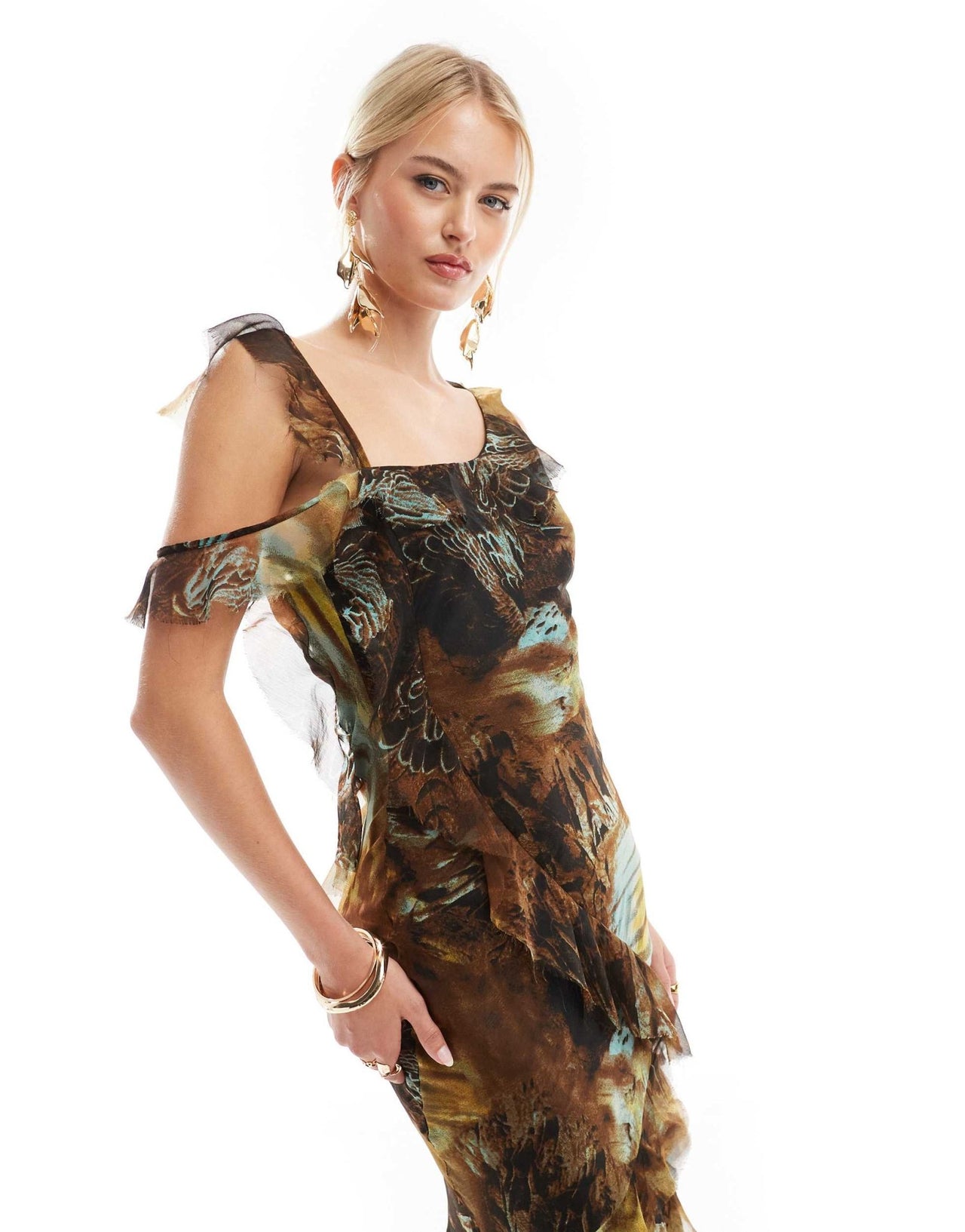ASOS DESIGN Tall asymmetric shoulder bias cut maxi dress with ruffle details in abstract print - ASOS Sample Sale EU Store