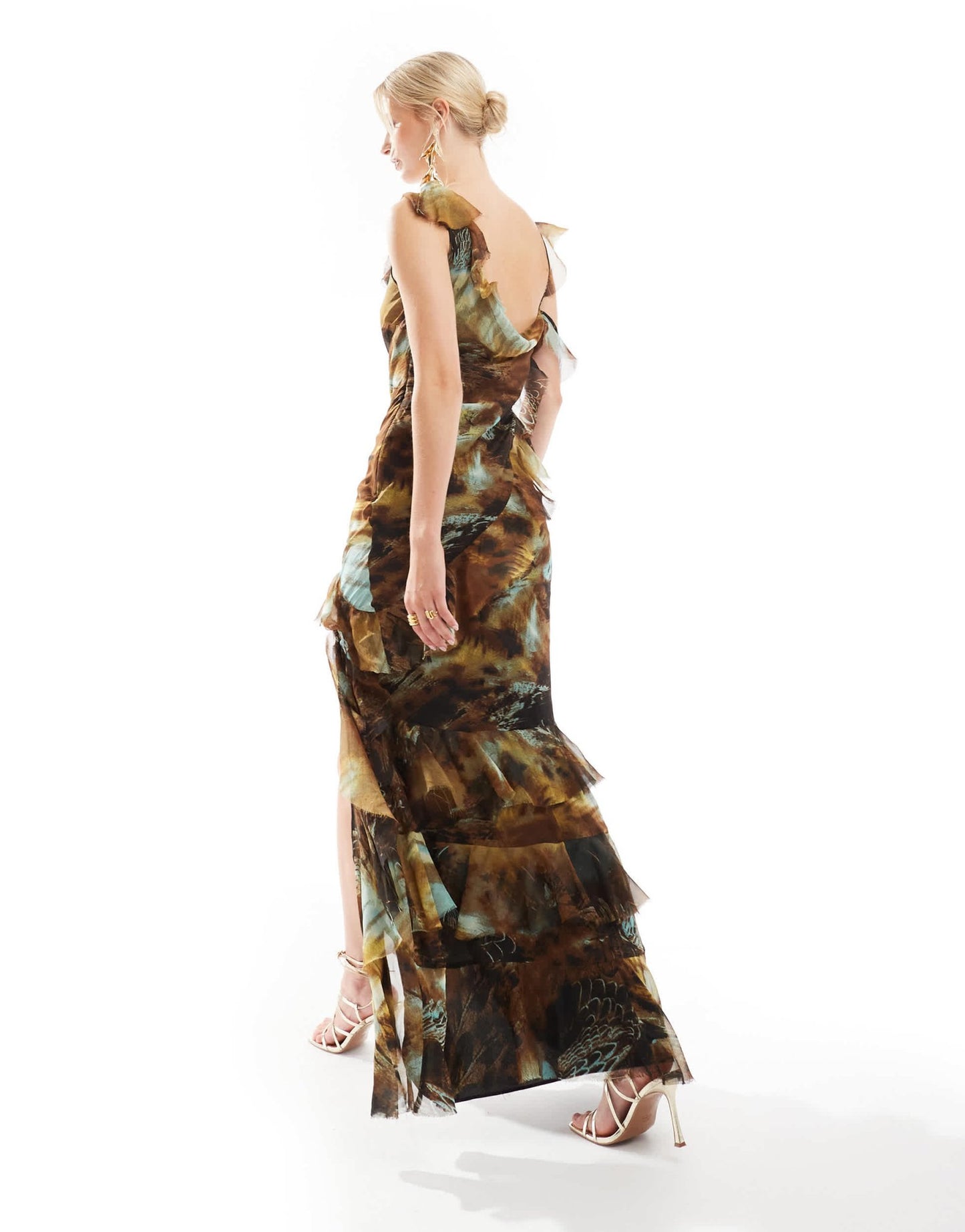 ASOS DESIGN Tall asymmetric shoulder bias cut maxi dress with ruffle details in abstract print - ASOS Sample Sale EU Store