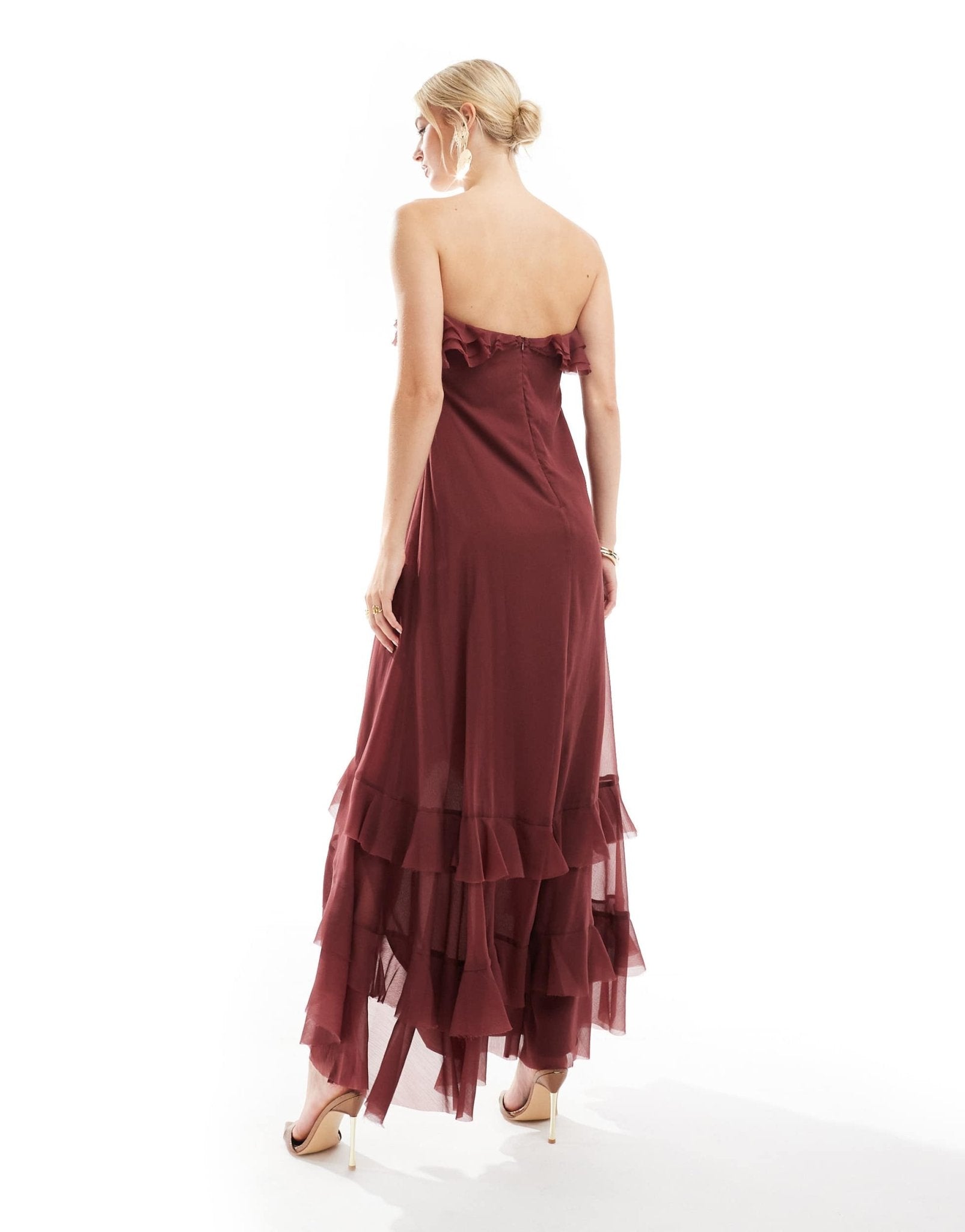 ASOS DESIGN Tall bardot ruffle off shoulder maxi dress in burgundy - ASOS Sample Sale EU Store