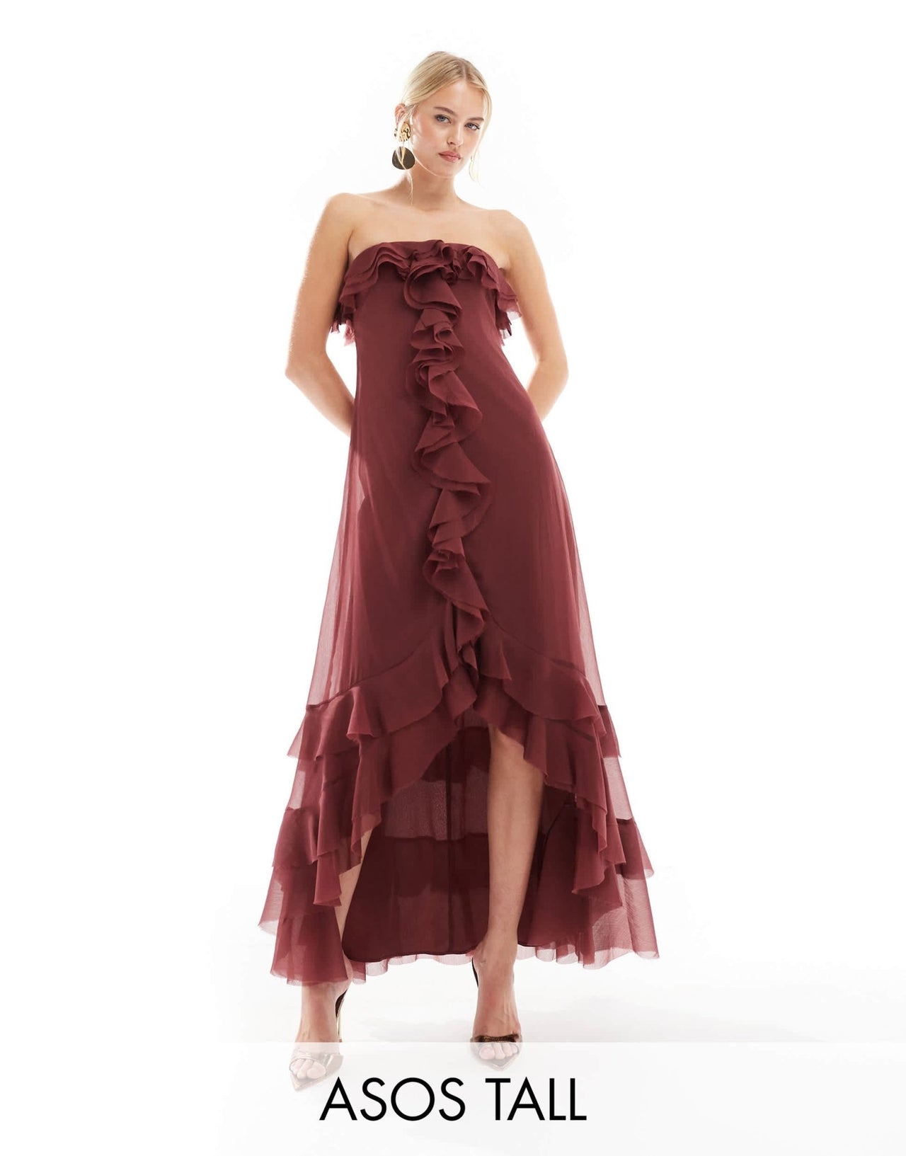 ASOS DESIGN Tall bardot ruffle off shoulder maxi dress in burgundy - ASOS Sample Sale EU Store