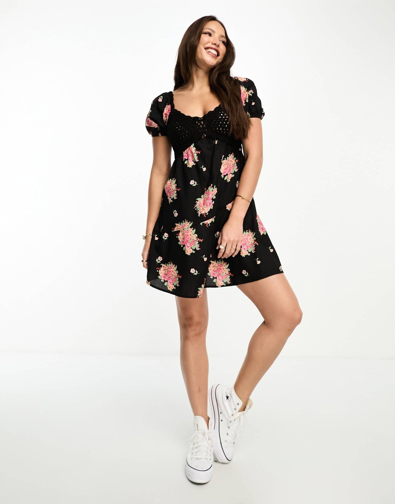 ASOS DESIGN Tall crochet bardot mini dress in dark floral print - ASOS Sample Sale EU Store