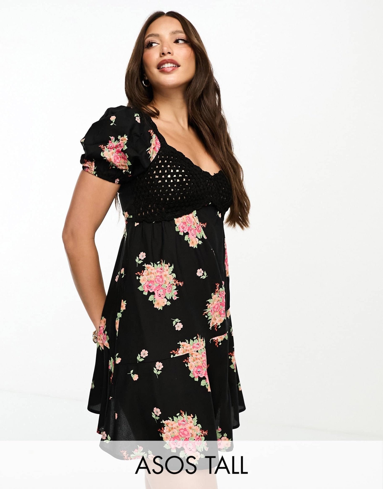 ASOS DESIGN Tall crochet bardot mini dress in dark floral print - ASOS Sample Sale EU Store
