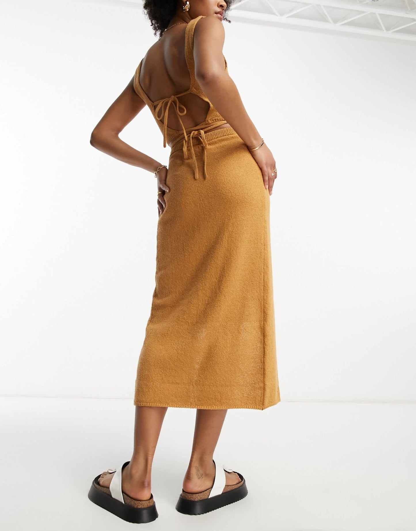 ASOS DESIGN Tall knitted midi skirt with wrap detail in textured yarn in camel co - ord - ASOS Sample Sale EU Store