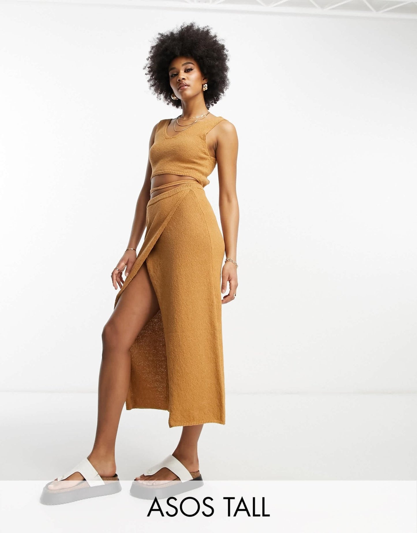 ASOS DESIGN Tall knitted midi skirt with wrap detail in textured yarn in camel co - ord - ASOS Sample Sale EU Store
