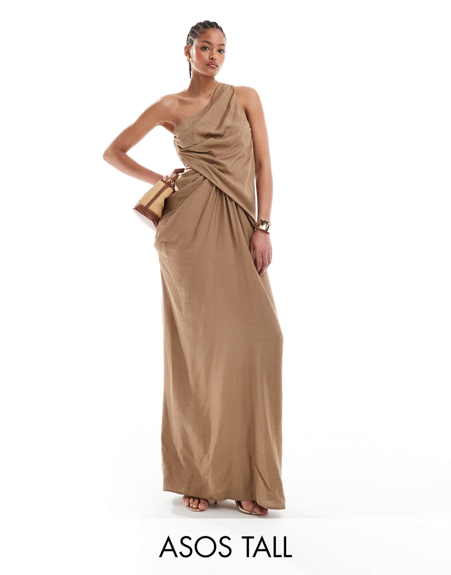 ASOS DESIGN Tall one shoulder draped maxi dress with full skirt in taupe - ASOS Sample Sale EU Store