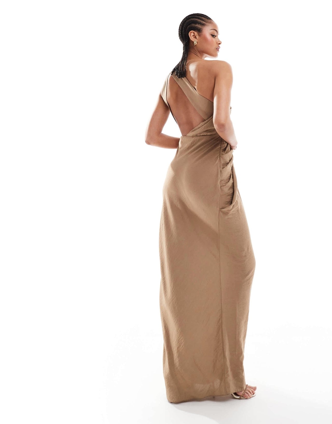 ASOS DESIGN Tall one shoulder draped maxi dress with full skirt in taupe - ASOS Sample Sale EU Store