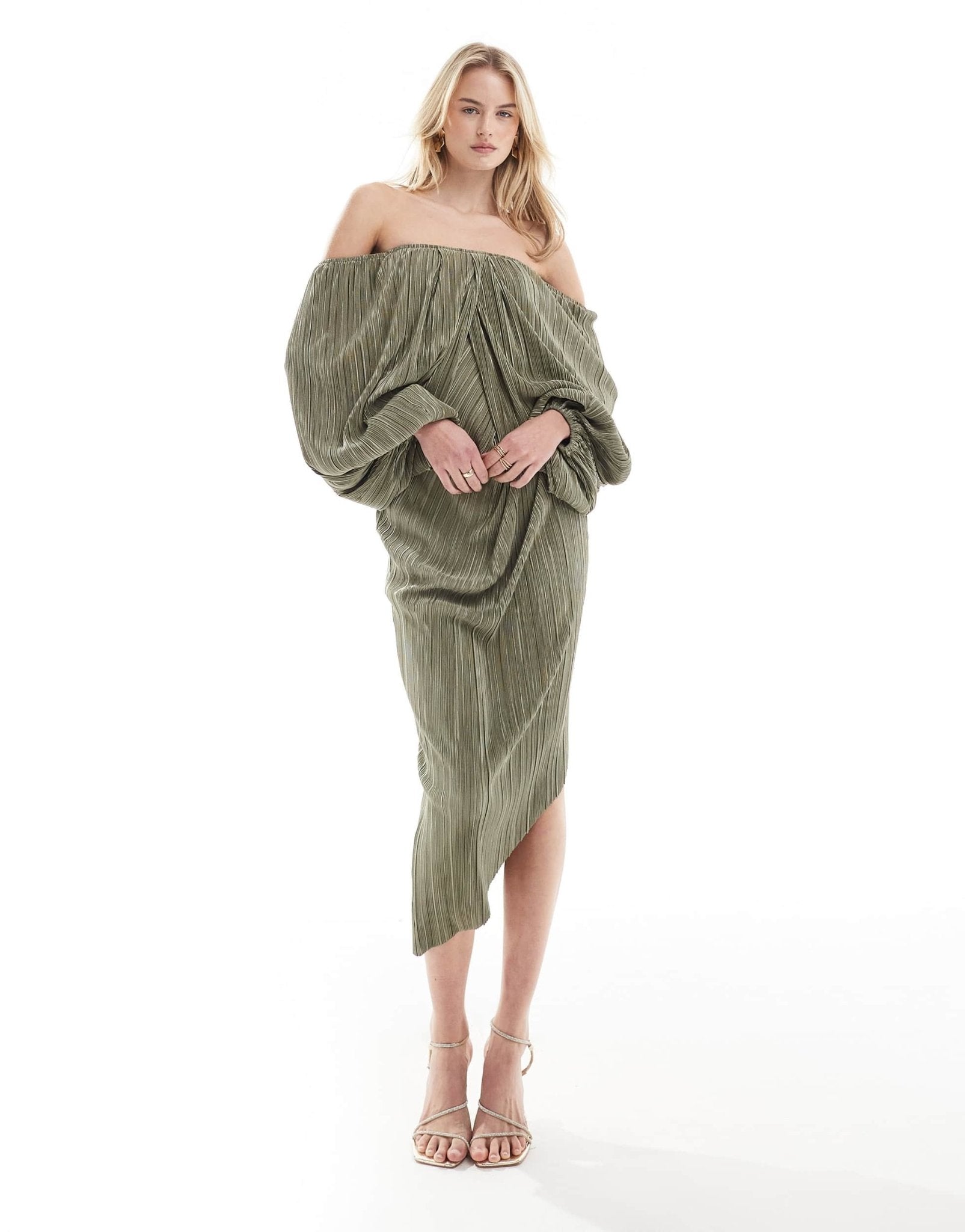 ASOS DESIGN Tall plisse overlay midi dress with open back detail in soft khaki - ASOS Sample Sale EU Store