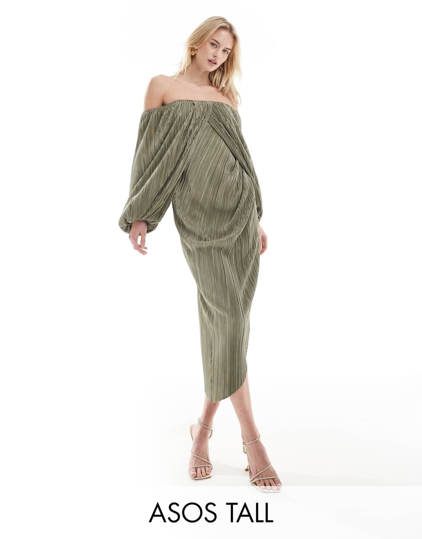 ASOS DESIGN Tall plisse overlay midi dress with open back detail in soft khaki - ASOS Sample Sale EU Store