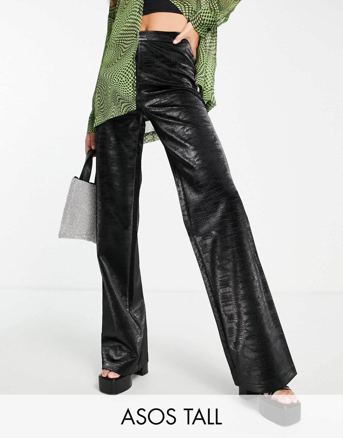 ASOS DESIGN Tall straight leg trouser in iridescent croc faux leather in black - ASOS Sample Sale EU Store