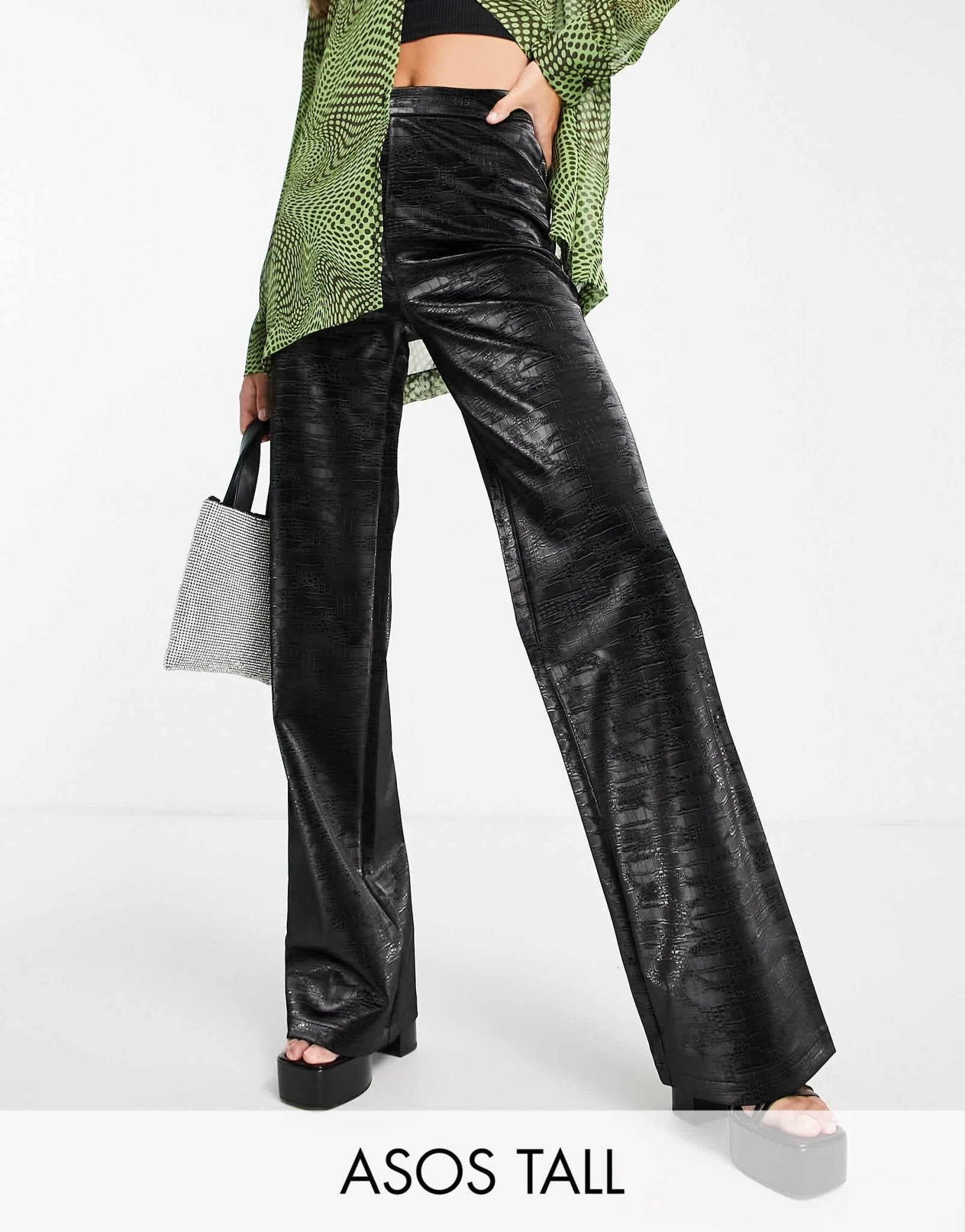 ASOS DESIGN Tall straight leg trouser in iridescent croc faux leather in black - ASOS Sample Sale EU Store