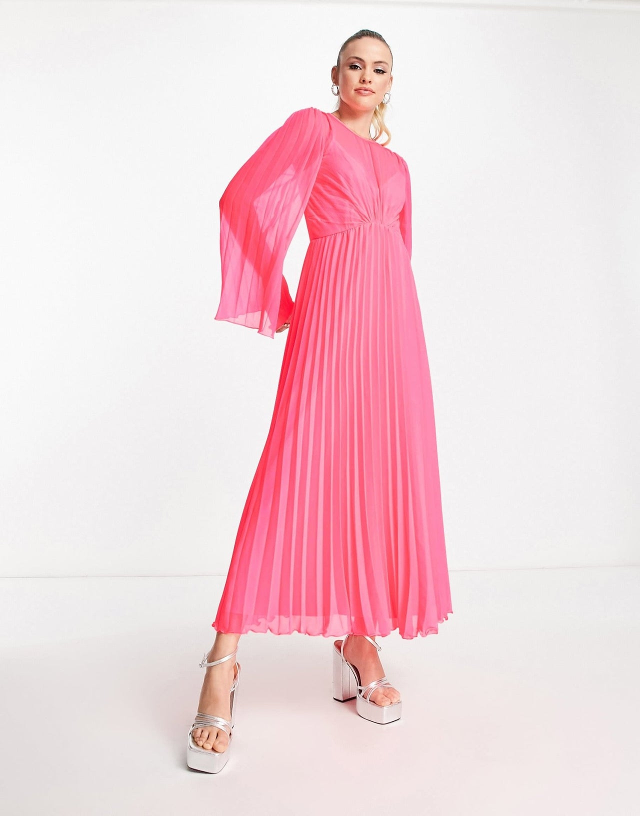 ASOS DESIGN Tall tie back fluted sleeve pleated midi dress in fluro pink - ASOS Sample Sale EU Store