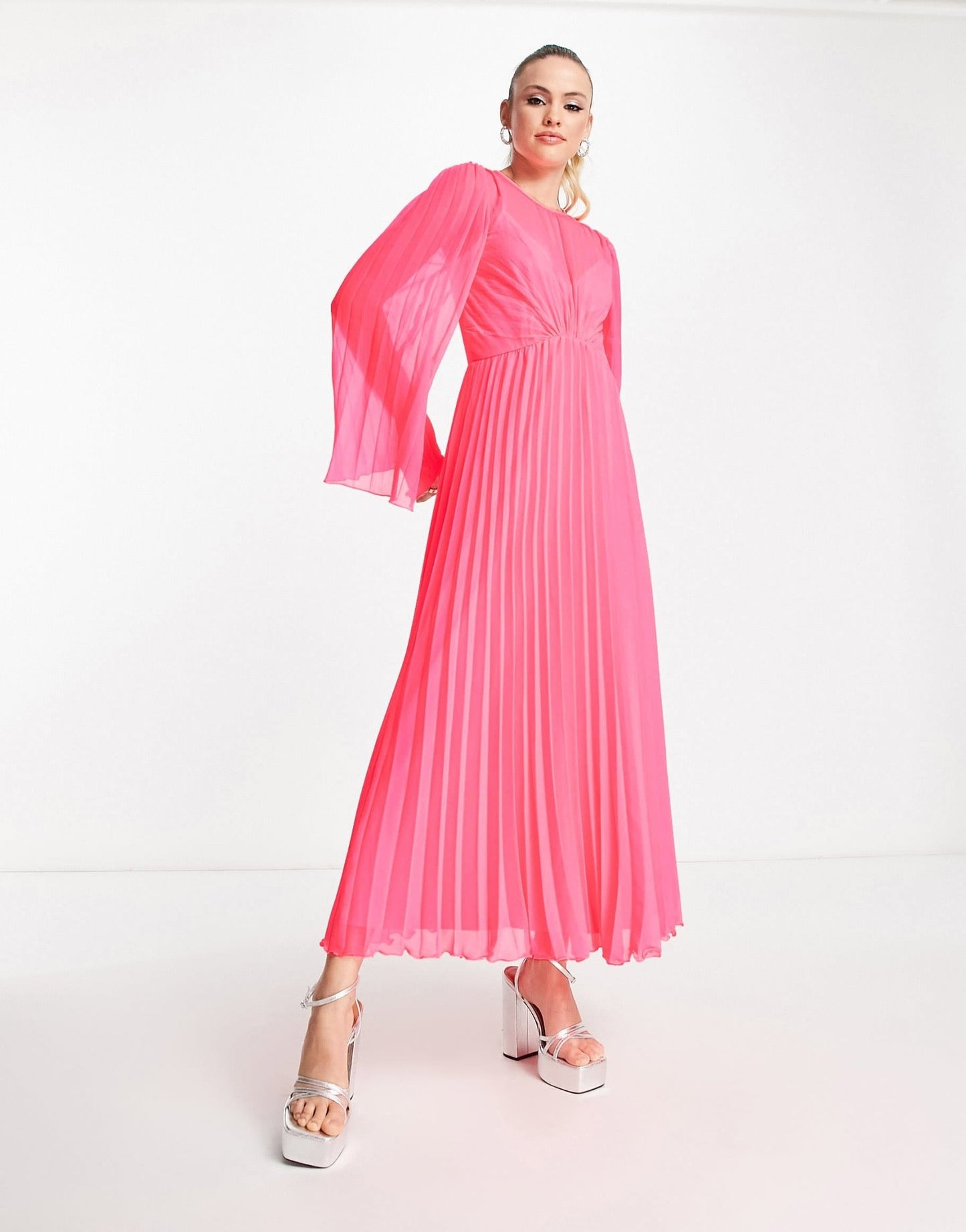 ASOS DESIGN Tall tie back fluted sleeve pleated midi dress in fluro pink - ASOS Sample Sale EU Store