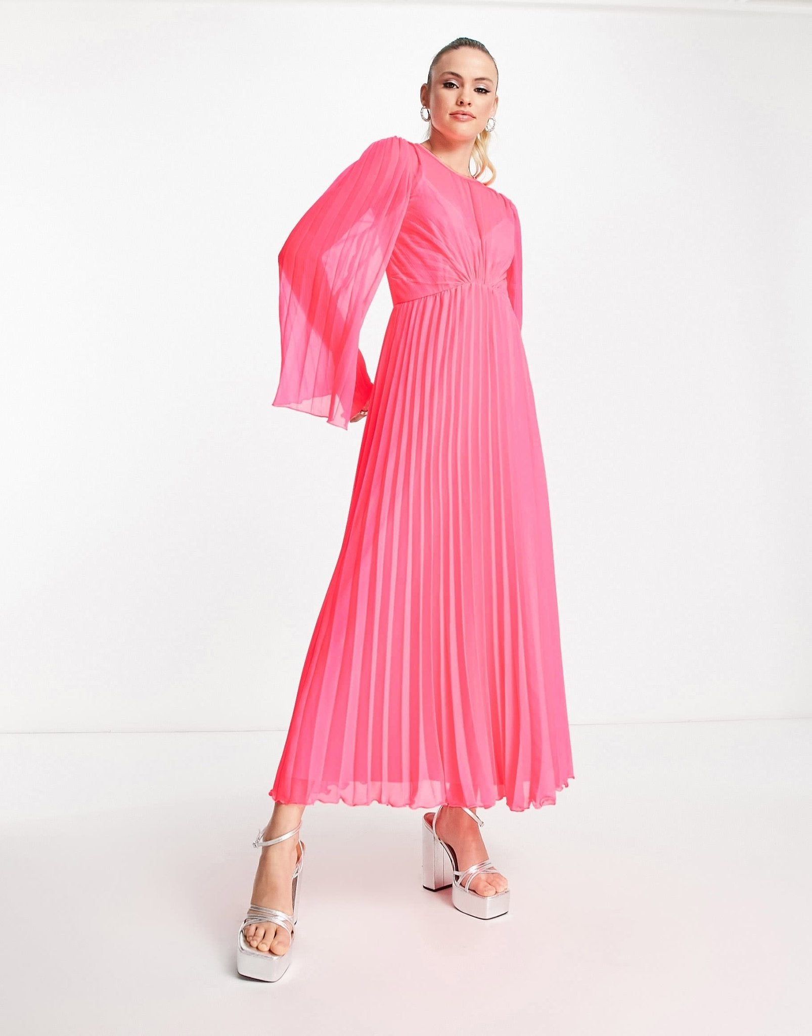 ASOS DESIGN Tall tie back fluted sleeve pleated midi dress in fluro pink - ASOS Sample Sale EU Store