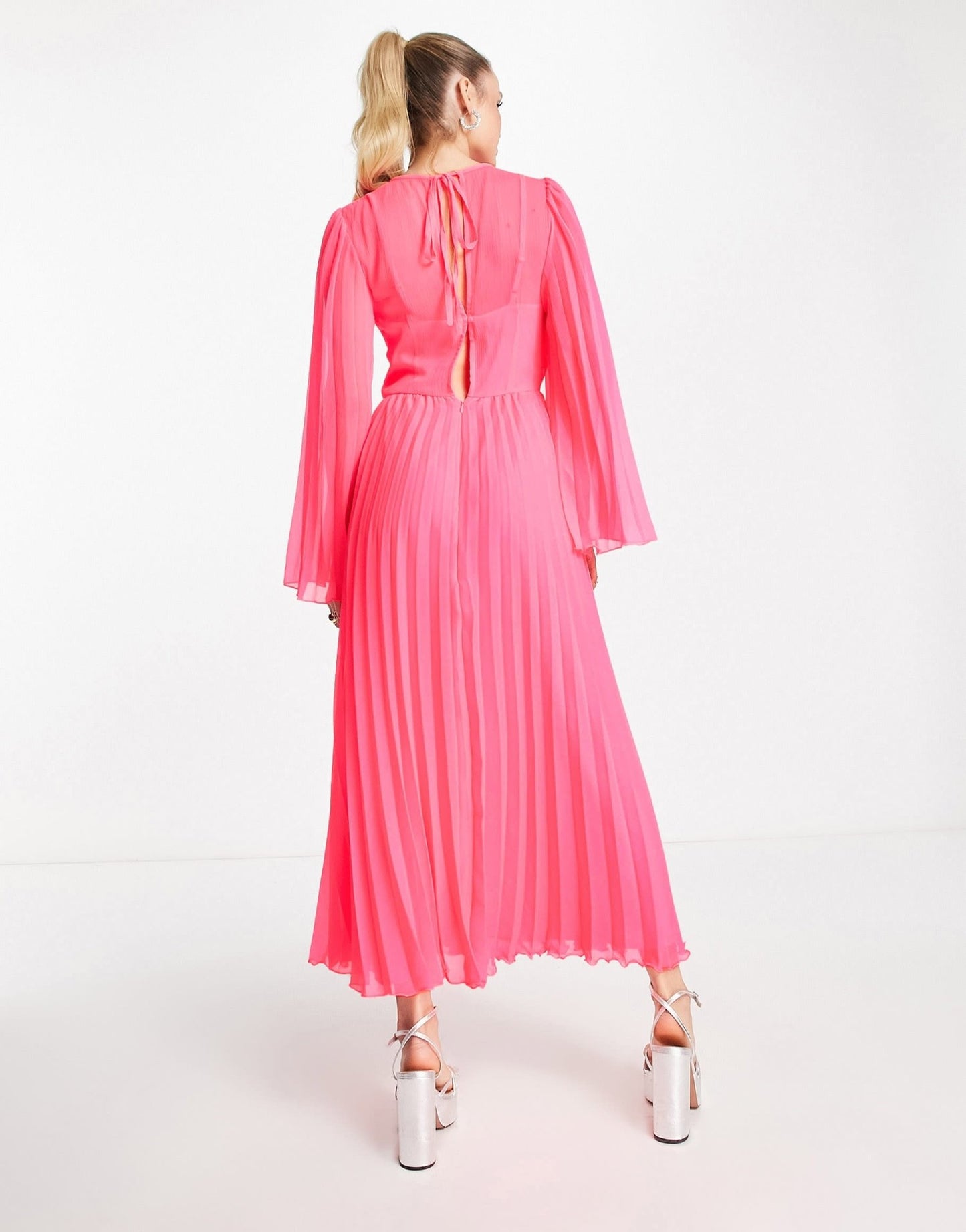 ASOS DESIGN Tall tie back fluted sleeve pleated midi dress in fluro pink - ASOS Sample Sale EU Store